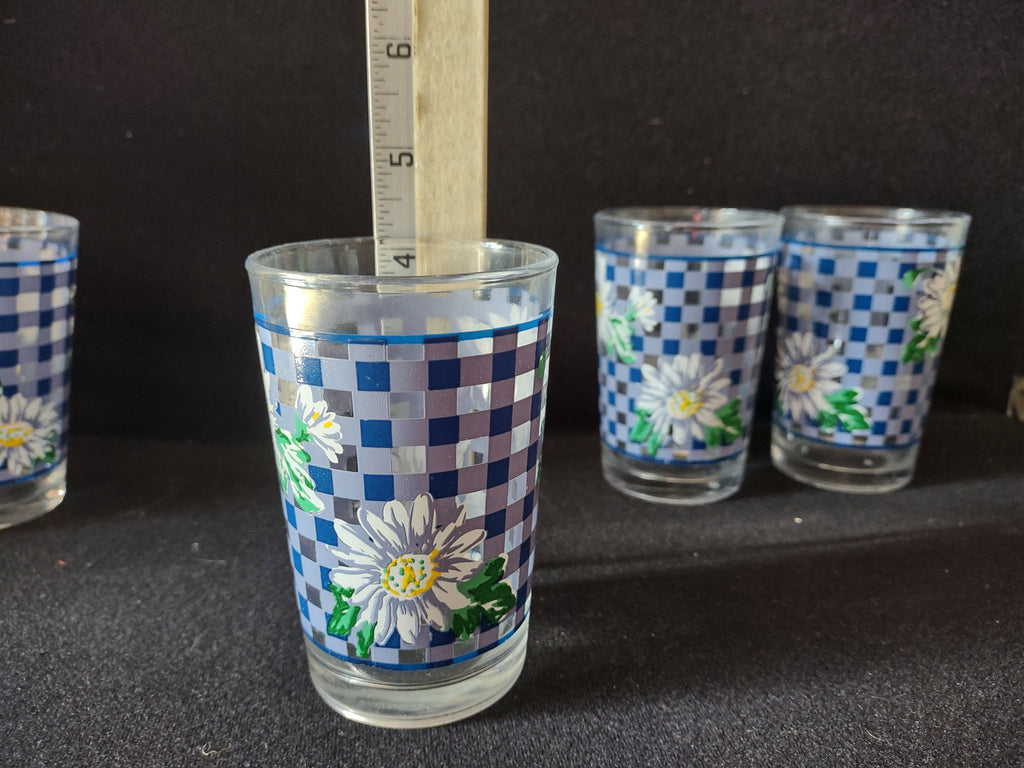 Vintage Indonesia Daisies Blue Checkered Juice Glass x 5 (lot 5171)