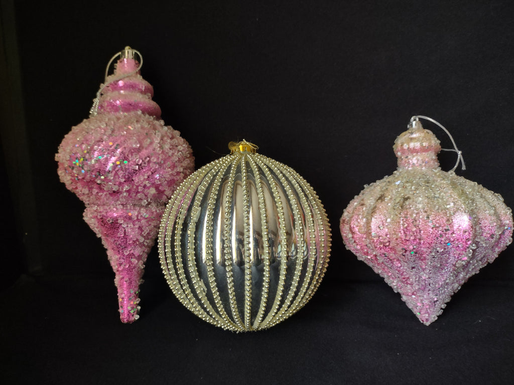 Lot of 3 Christmas Ornaments Pink Gold Sparkly 10" IMPERFECT (lot 1571)