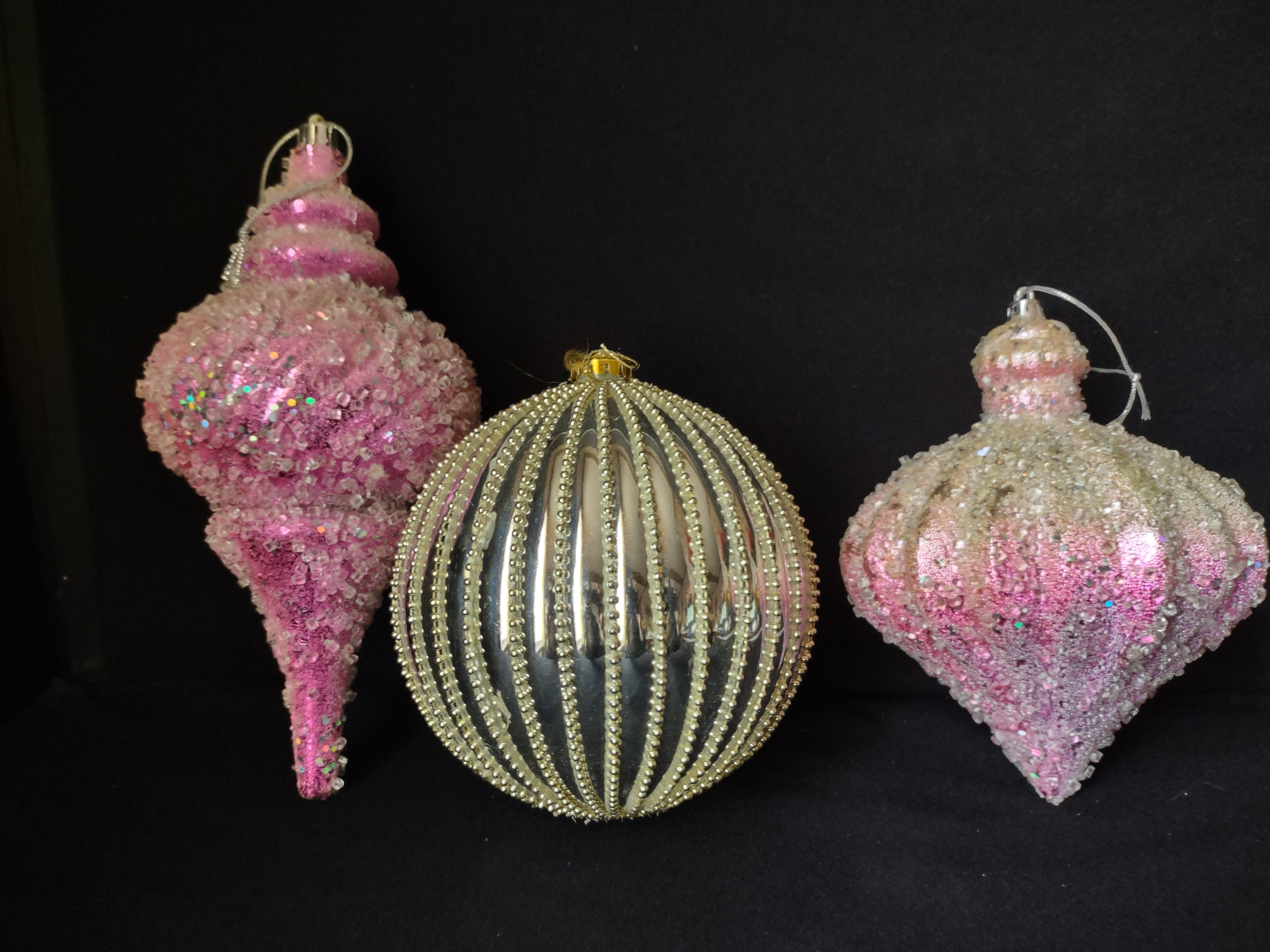 Lot of 3 Christmas Ornaments Pink Gold Sparkly 10" IMPERFECT (lot 1571)