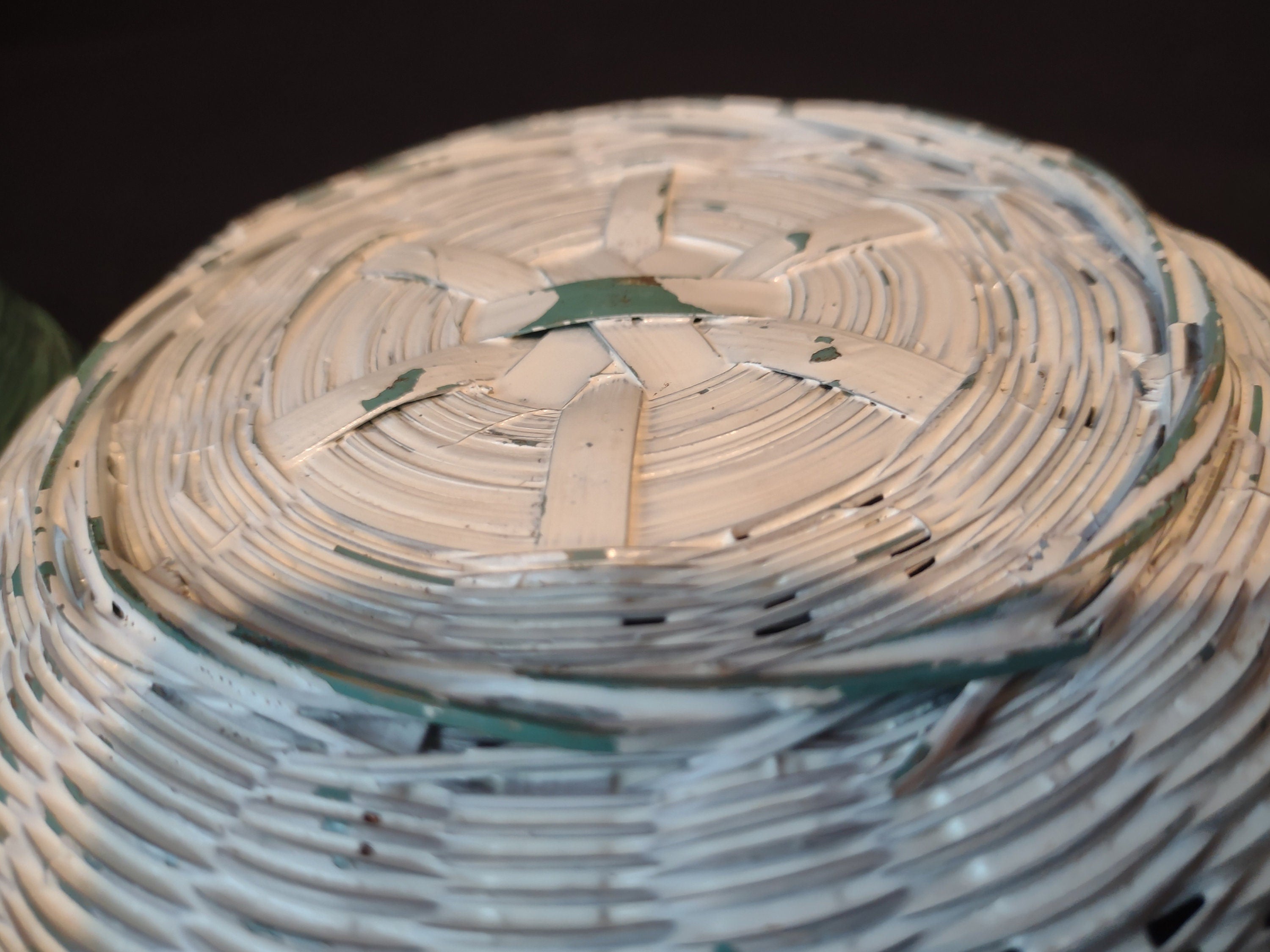 2 x Vintage Wicker Basket Painted Turquoise White Lids Rustic Primitive (1146)