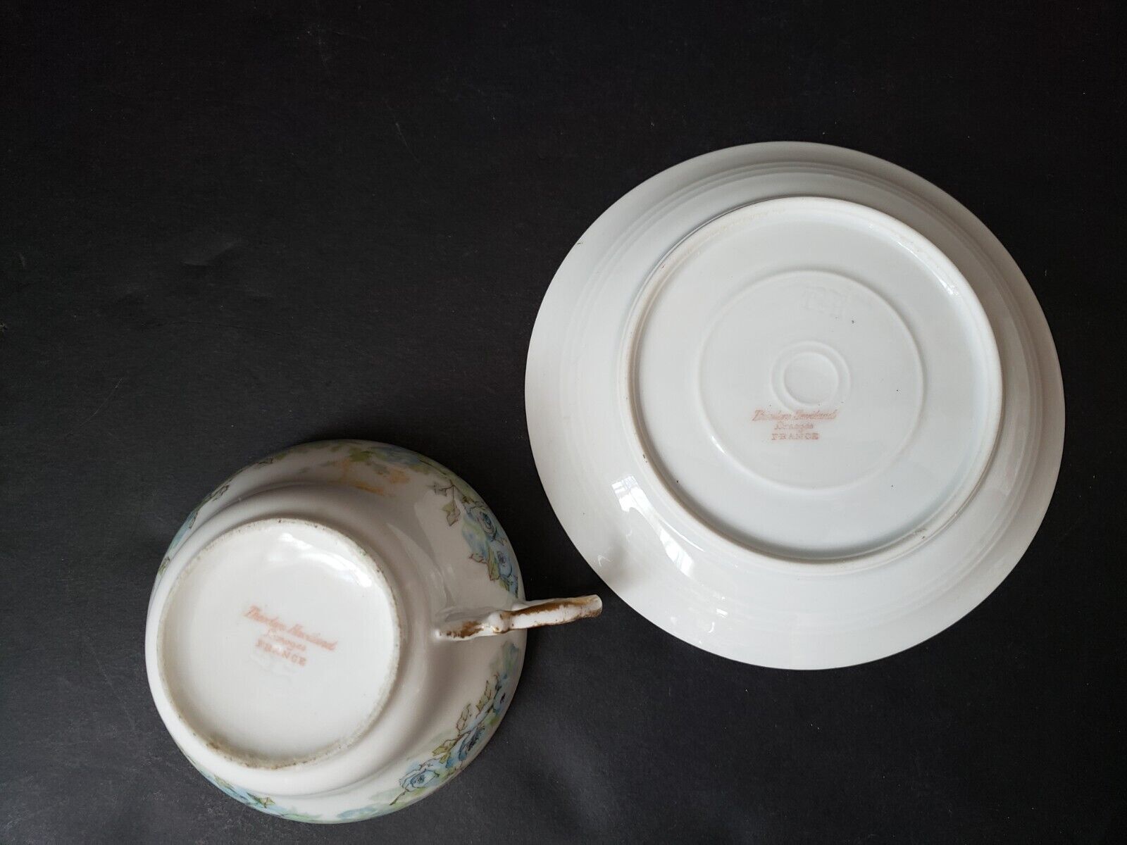 Haviland Limoges France Teacup & Saucer Blue Rose IMPERFECT (lot 618)
