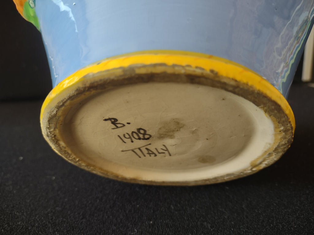 Vintage Ceramic Basket Blue Yellow Fruit Italy IMPERFECT (lot 5524)
