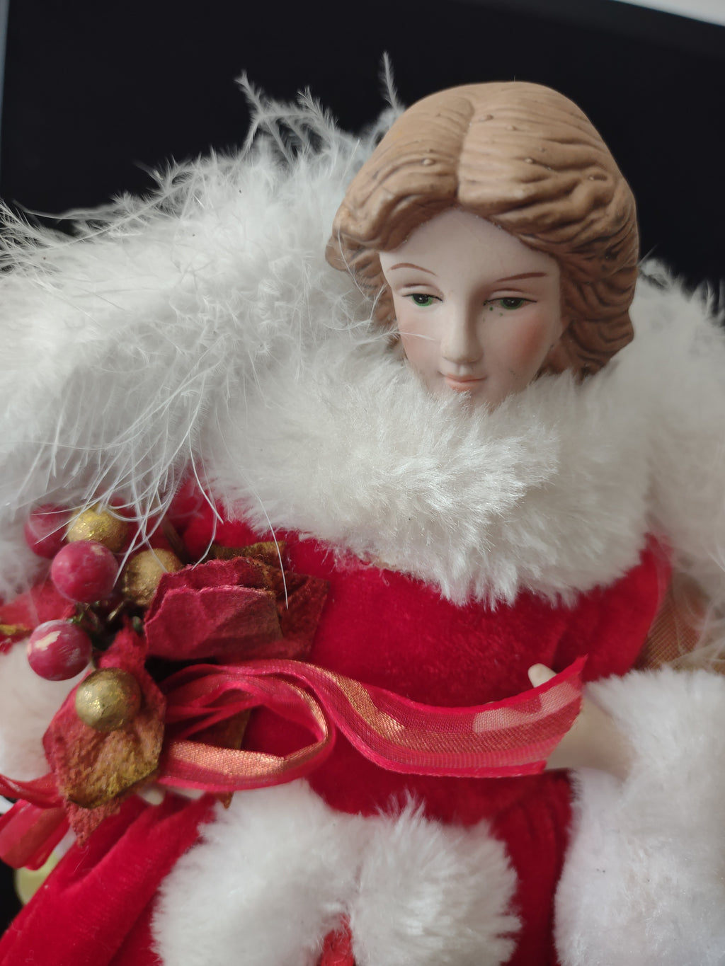 Vintage Christmas Angel Porcelain Head Red Gown Feather Wings (Lot 3731)