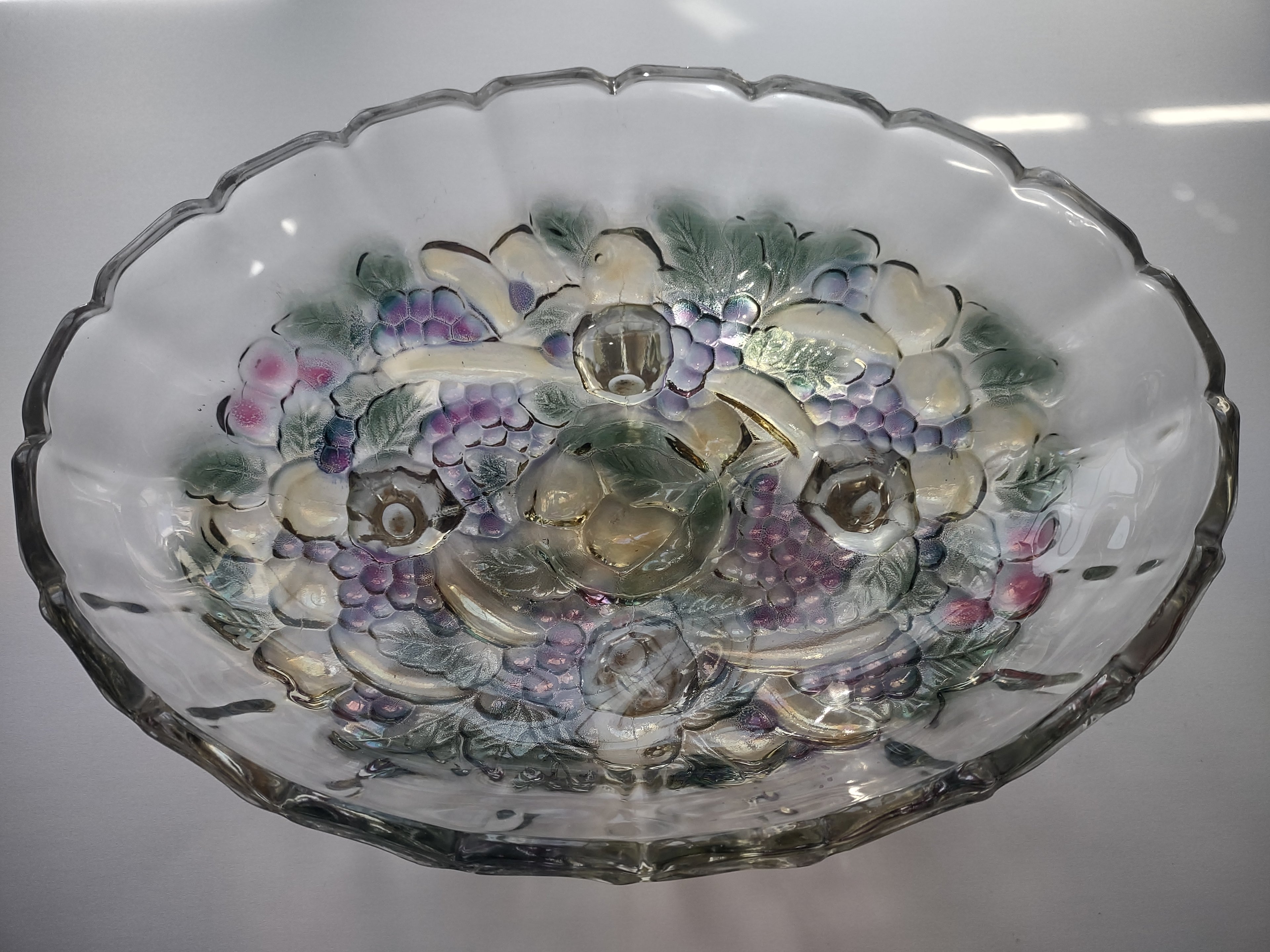 Vintage Indiana Glass Clear Iridescent Grape Design Large Footed Bowl (lot 2690c