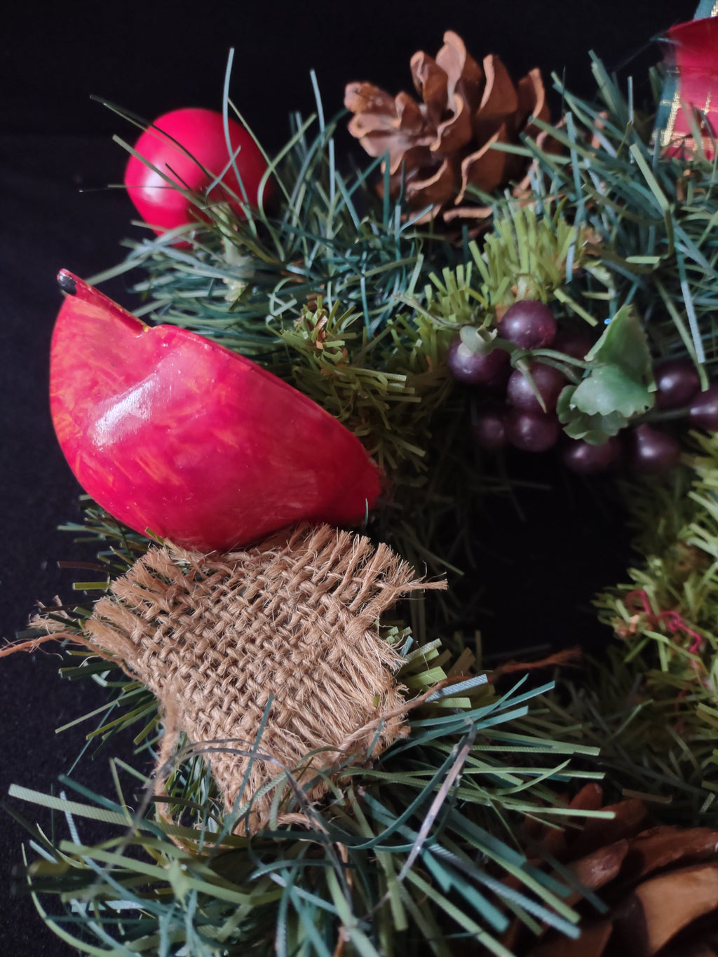 Vintage Christmas 10" Candle Ring Wreath Apples Pine Cones 3" Opening (Lot 4779)