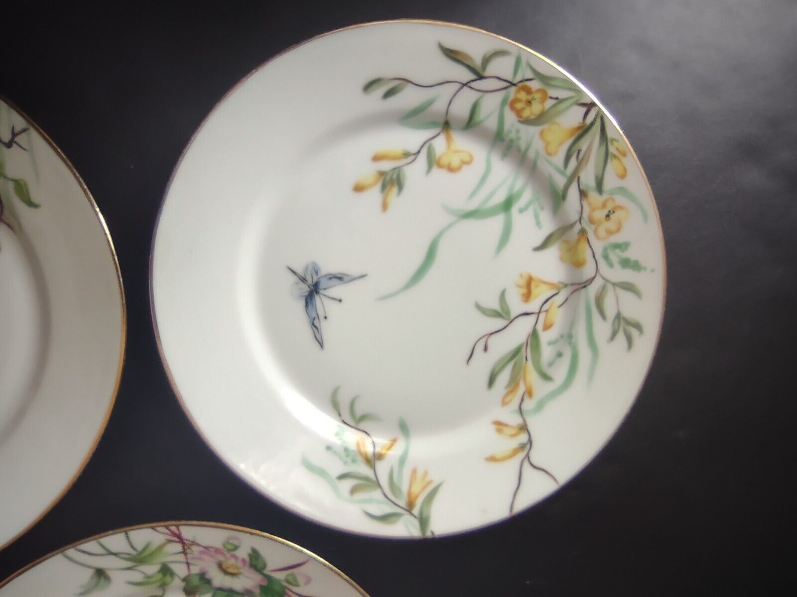Haviland Limoges France 3 x Dessert 7-3/4" Gold Trim Flower Butterfly (lot 624)