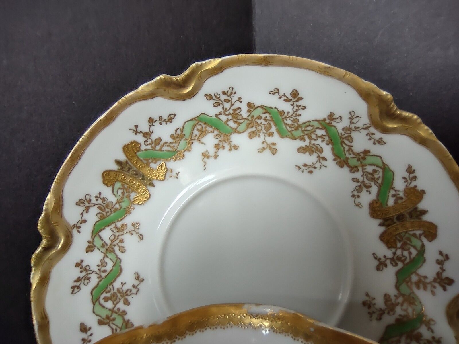 Haviland Limoges Green Heavy Gold Trim Bouillon Cup & Saucer IMPERFECT (lot 706)