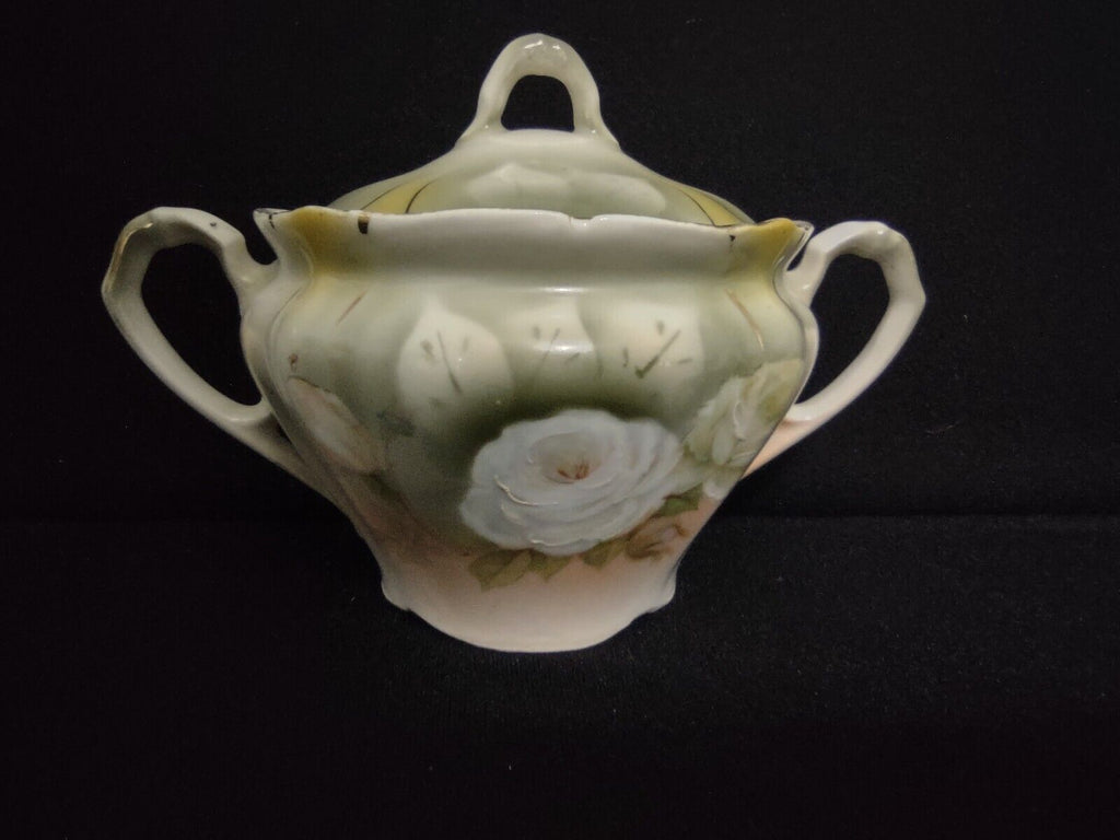 Vintage Bavaria Teapot Creamer Sugar Dish White Rose Gold Trim (lot 240)