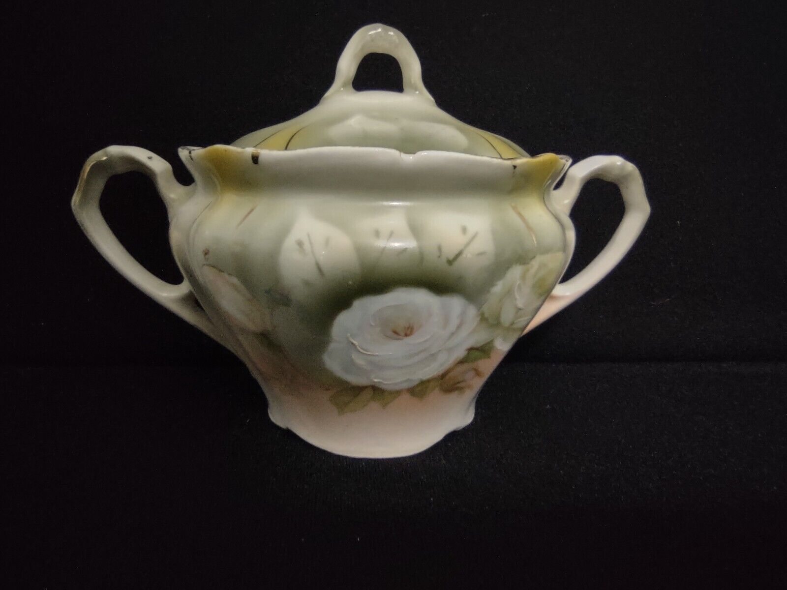 Vintage Bavaria Teapot Creamer Sugar Dish White Rose Gold Trim (lot 240)