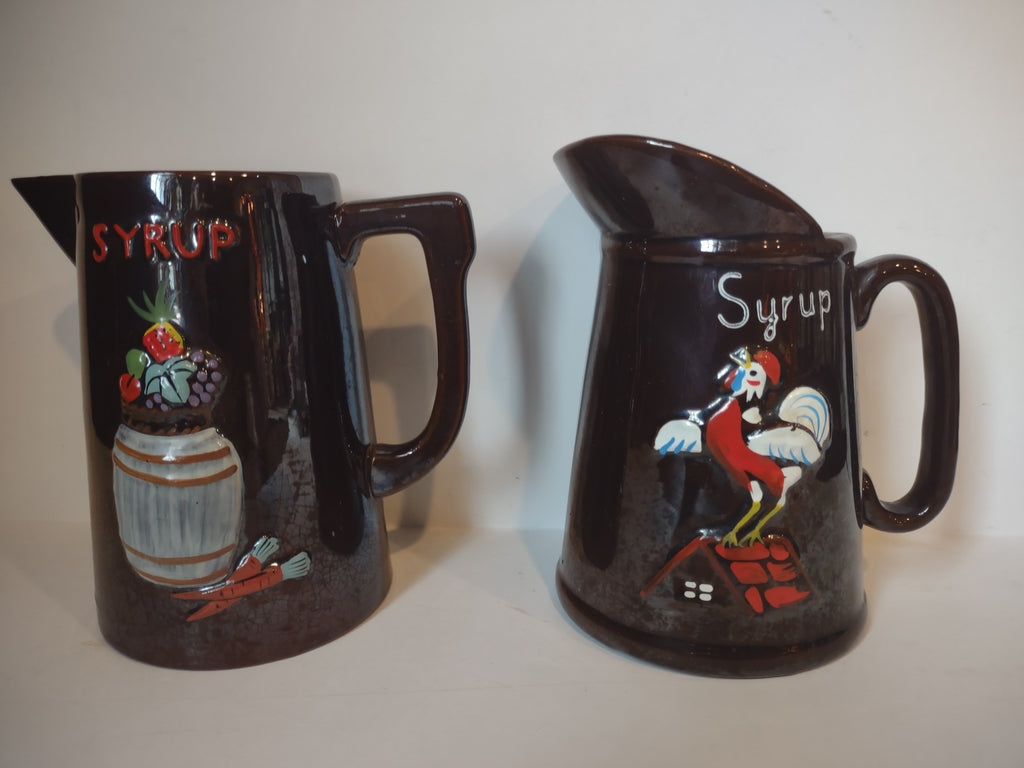 Vintage Redware Syrup Pitcher x 2 Rooster Vegetables (lot 2994c)