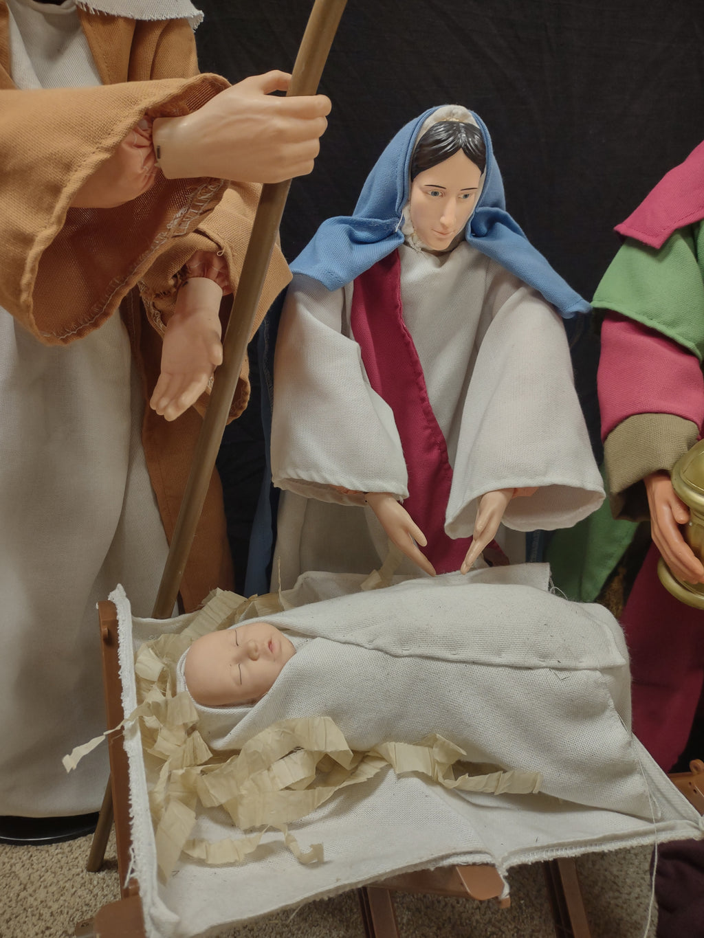 Vintage Christmas Nativity Set Cloth Mary Joseph Wise Men Baby 30" (Lot 1300)