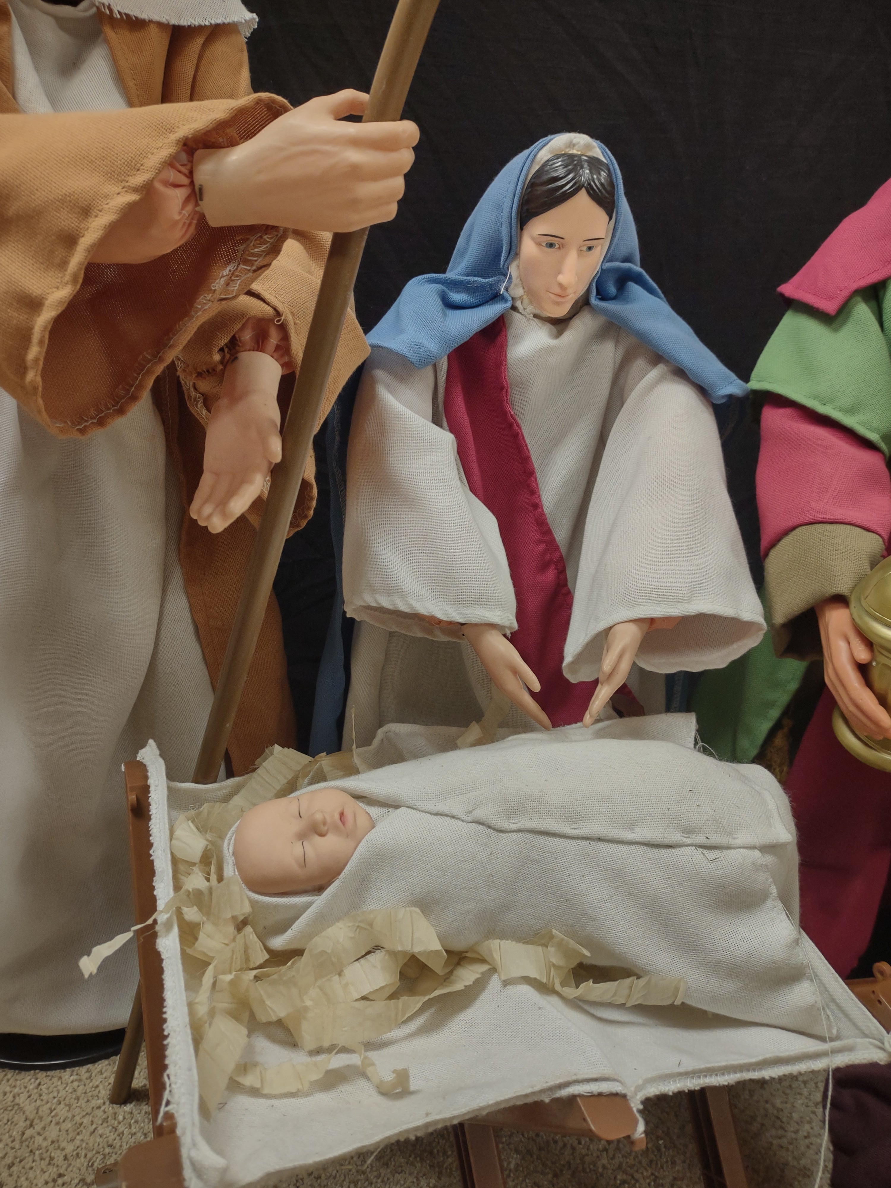 Vintage Christmas Nativity Set Cloth Mary Joseph Wise Men Baby 30" (Lot 1300)