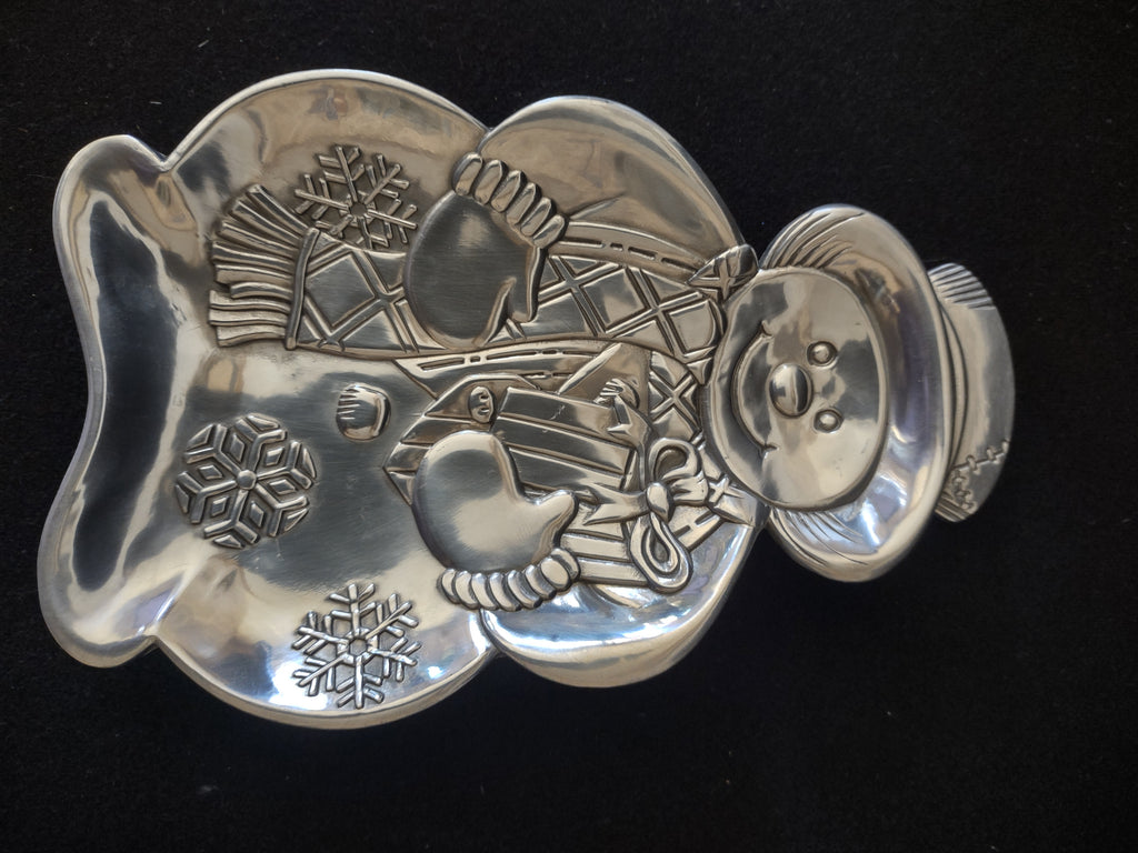 Christmas Snowman Pewter Colored Candy Dish Snowflakes Gift Scarf Hat (Lot 4167