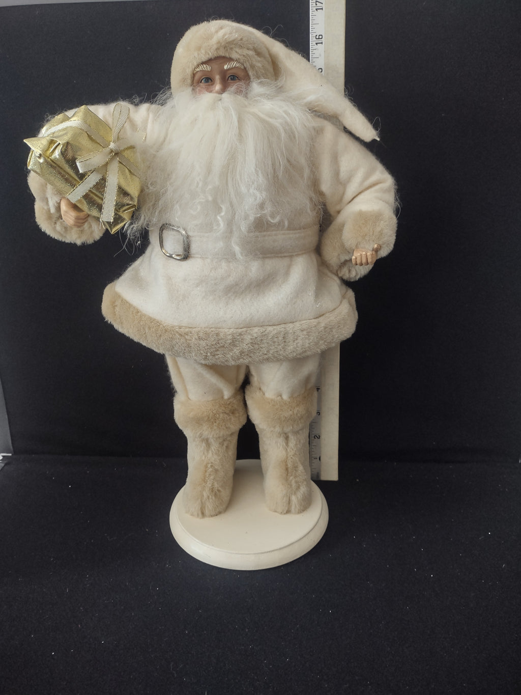 Vintage Christmas Beige Gold Plush Standing Santa Wooden Base (Lot 3593)