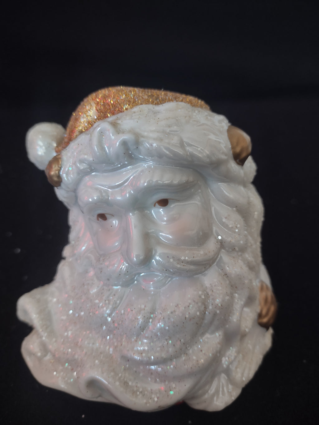 Vintage Ceramic Christmas White Gold Sparkle 3" Santa Cracker Barrel (Lot 4553)
