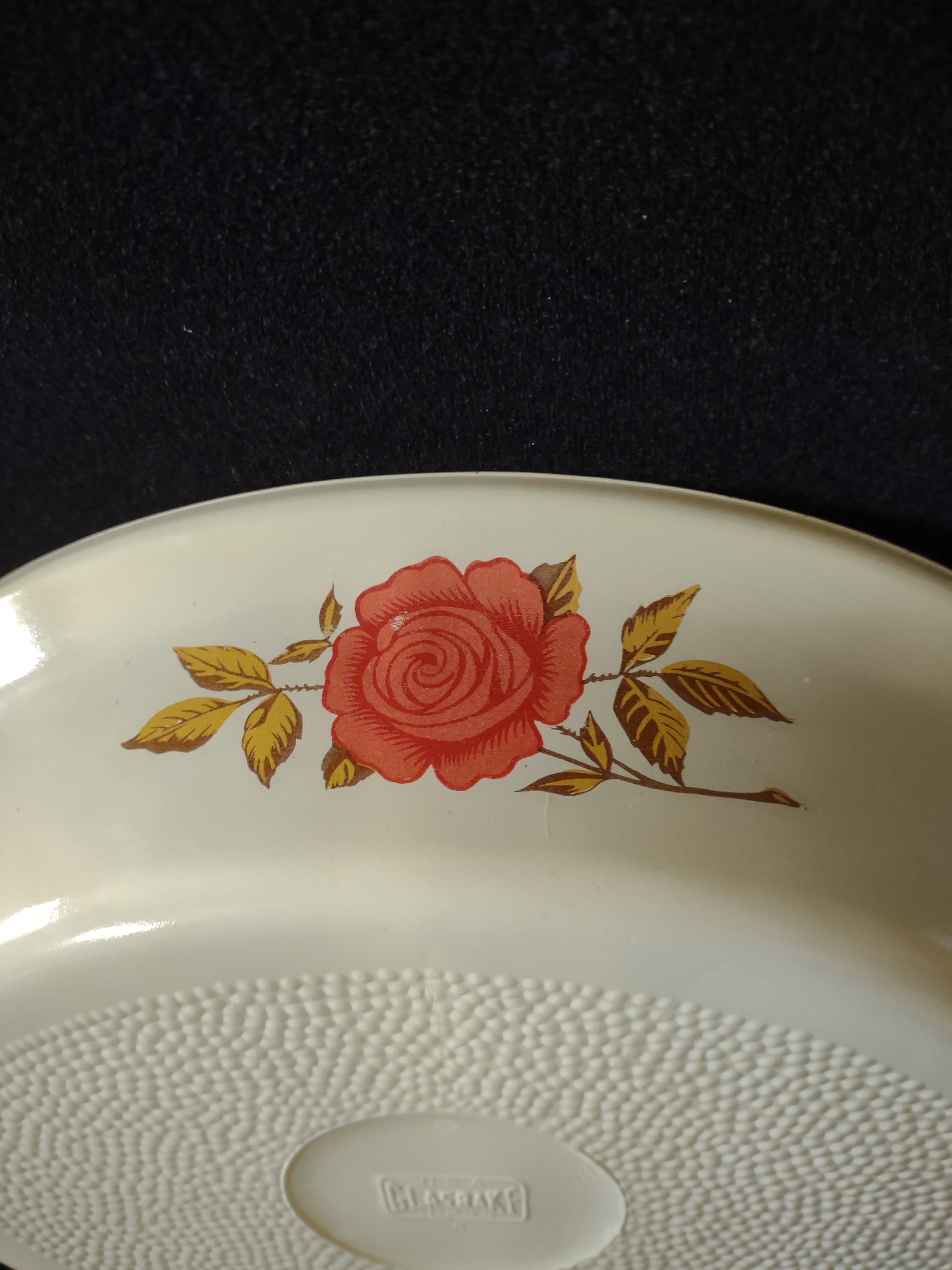 Vintage Glasbake Milk Glass Divided Casserole Dish Red Rose (Lot5292)