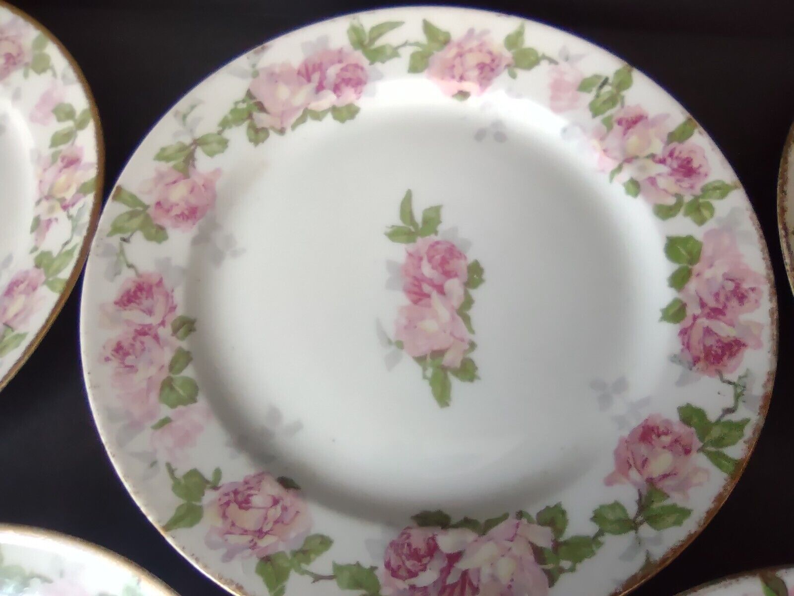 5 x PL Redon Limoges France Large Rose Dessert Plate Gold Trim 7-3/8" (lot 489)