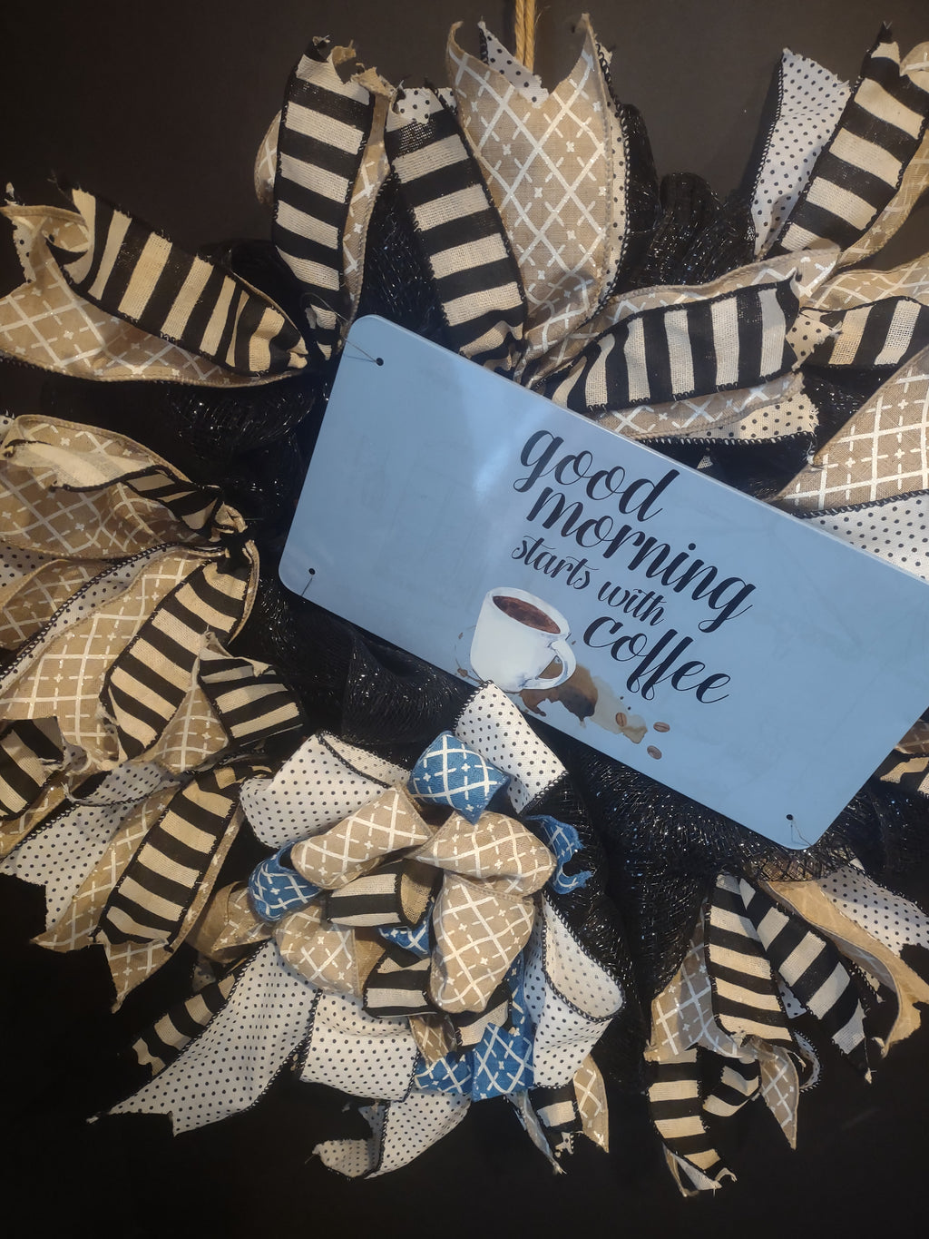 Good Morning Starts with Coffee Wreath Ribbon Mesh Decor Handmade (lot 1408)