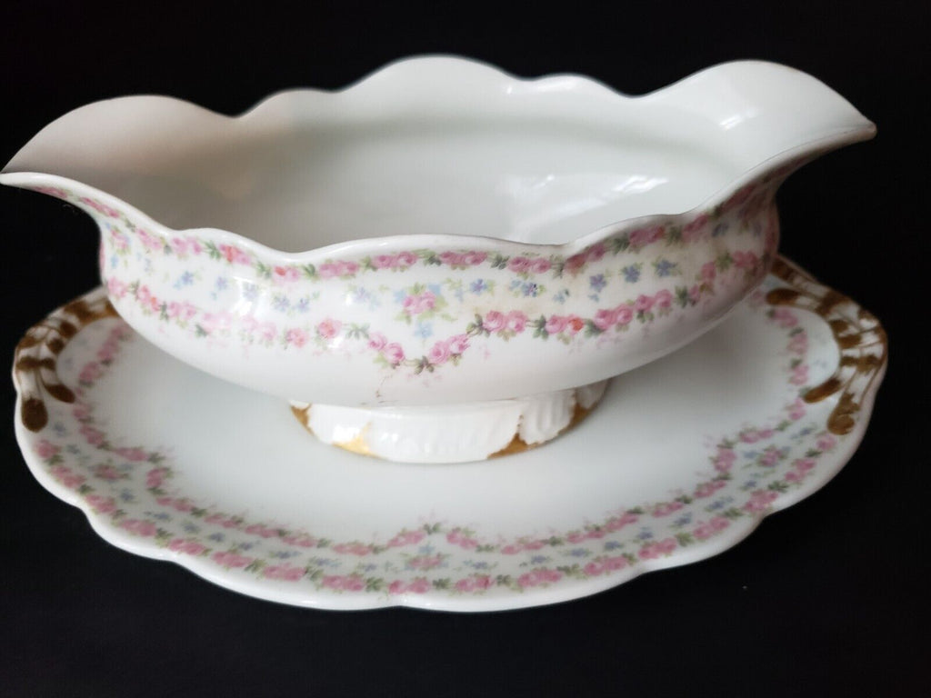 JP France Gravy Boat Gold Trim Double Rose Garland Blue Pink Flower (lot 646)