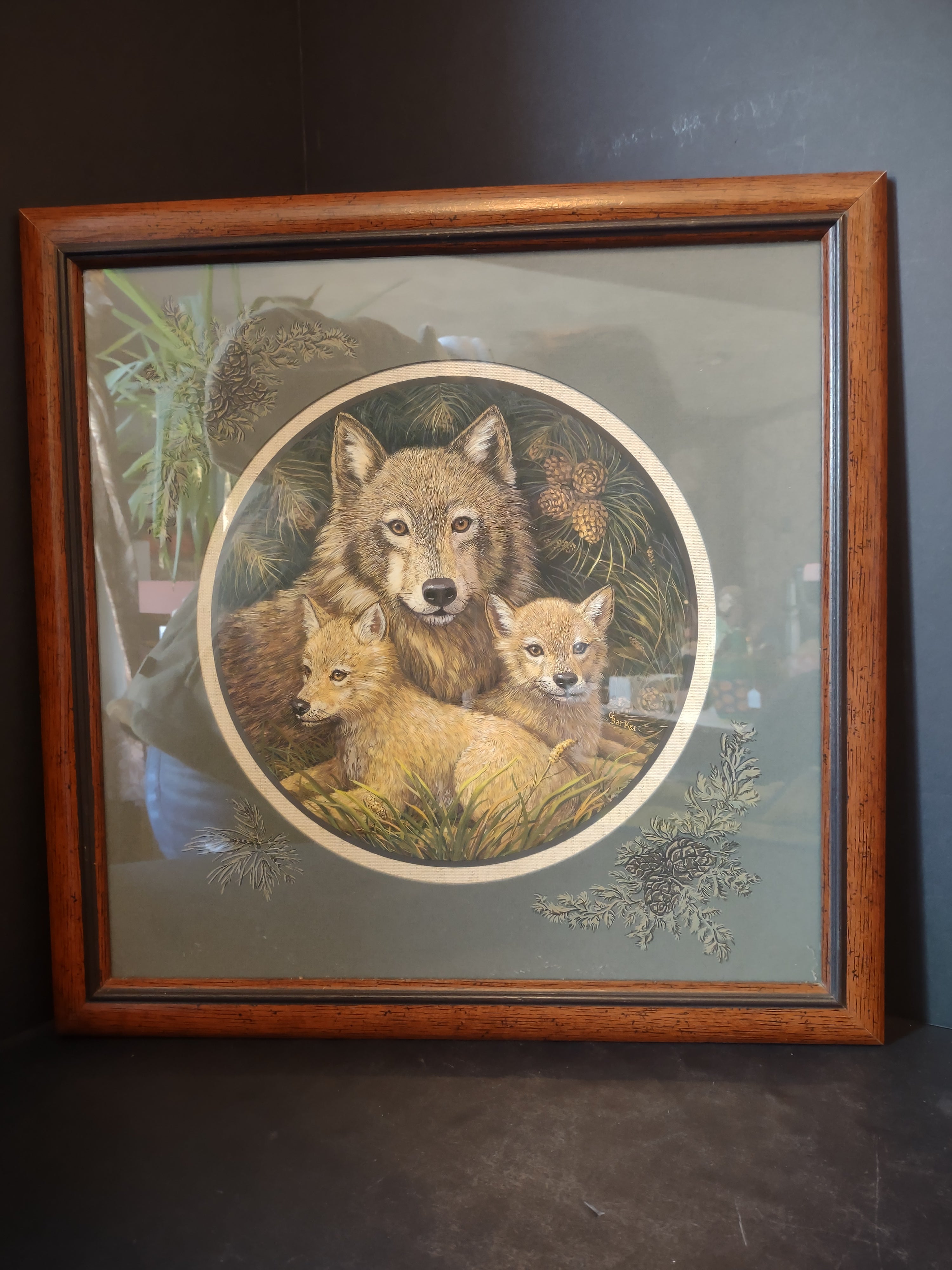Vintage Home Interiors Print Picture Wolf with Pups 17"x17" (lot 2623c)