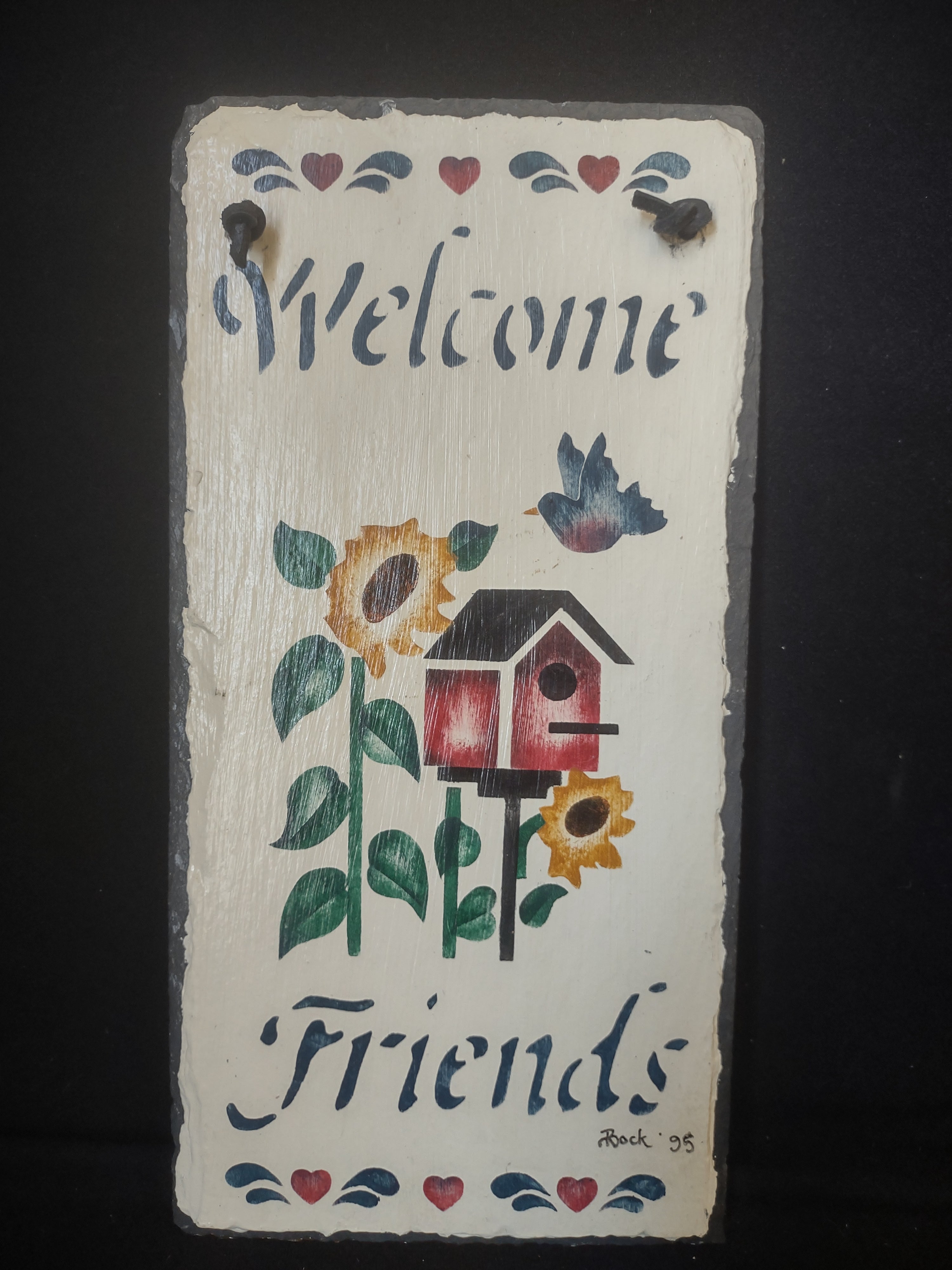 Vintage Slate Stone Painted Welcome Friends Sign 12" x 6" (lot 2683c)