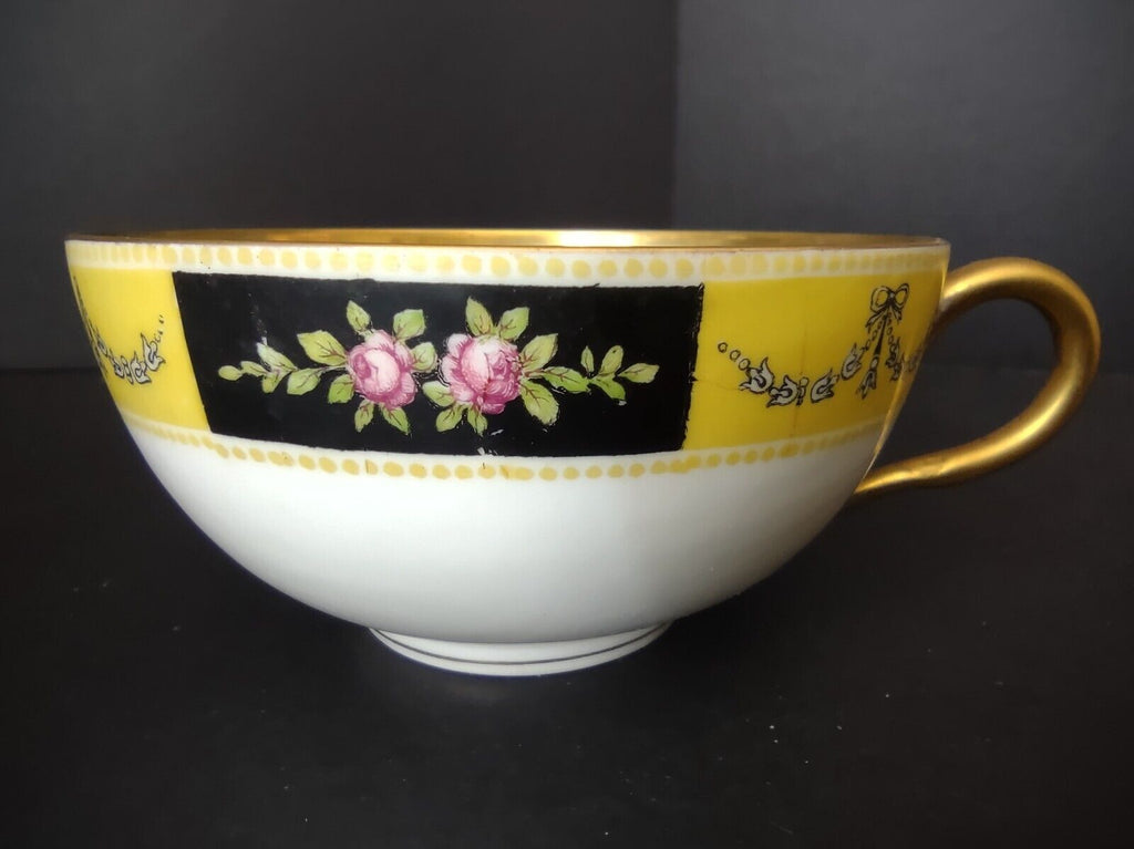 Avenir Limoges Ovington Bros Teacup & Saucer Yellow Black Trim Bow Rose lot 730