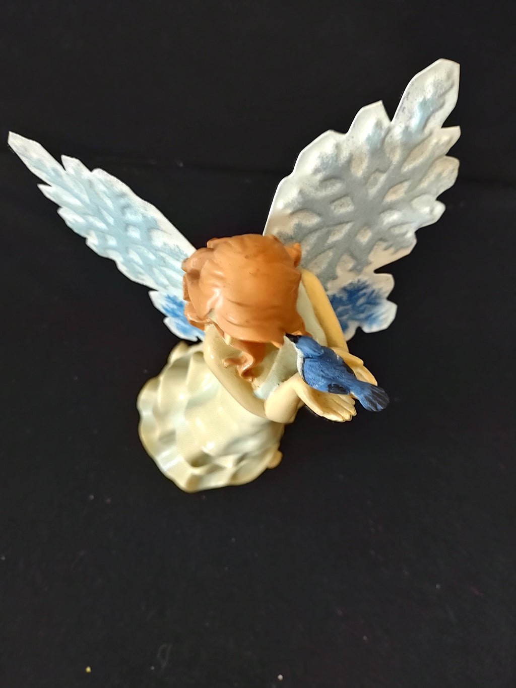 Vintage Angel Figurine Flowing Robe Blue Snowflake Wings Blue Bird (Lot 3889)