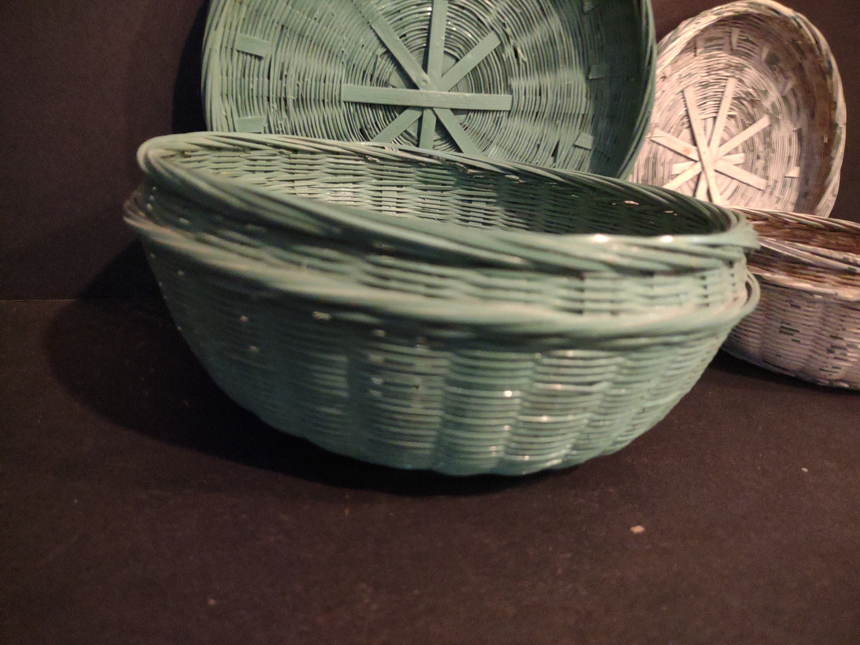 2 x Vintage Wicker Basket Painted Turquoise White Lids Rustic Primitive (1146)