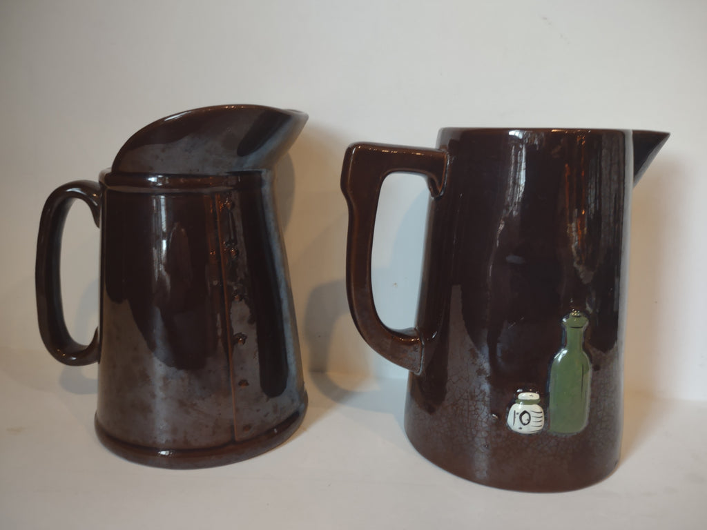 Vintage Redware Syrup Pitcher x 2 Rooster Vegetables (lot 2994c)