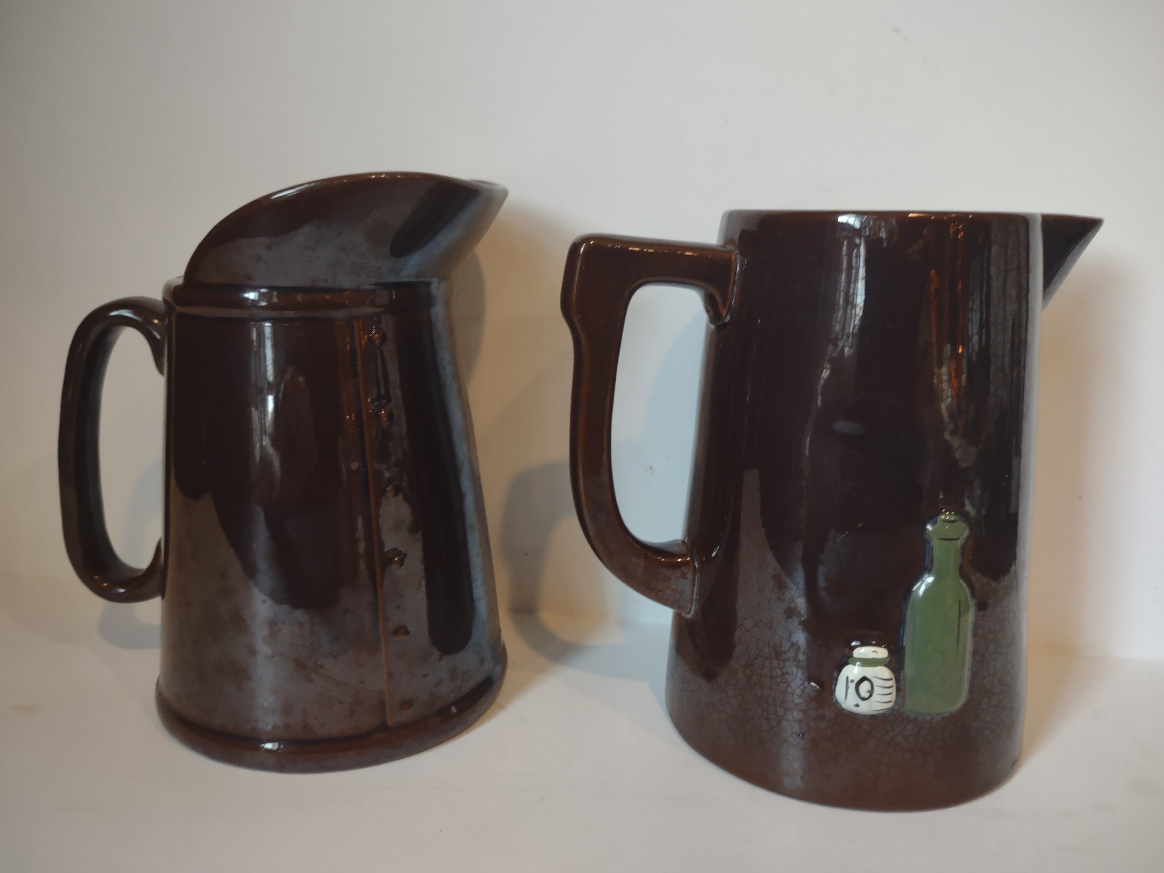 Vintage Redware Syrup Pitcher x 2 Rooster Vegetables (lot 2994c)