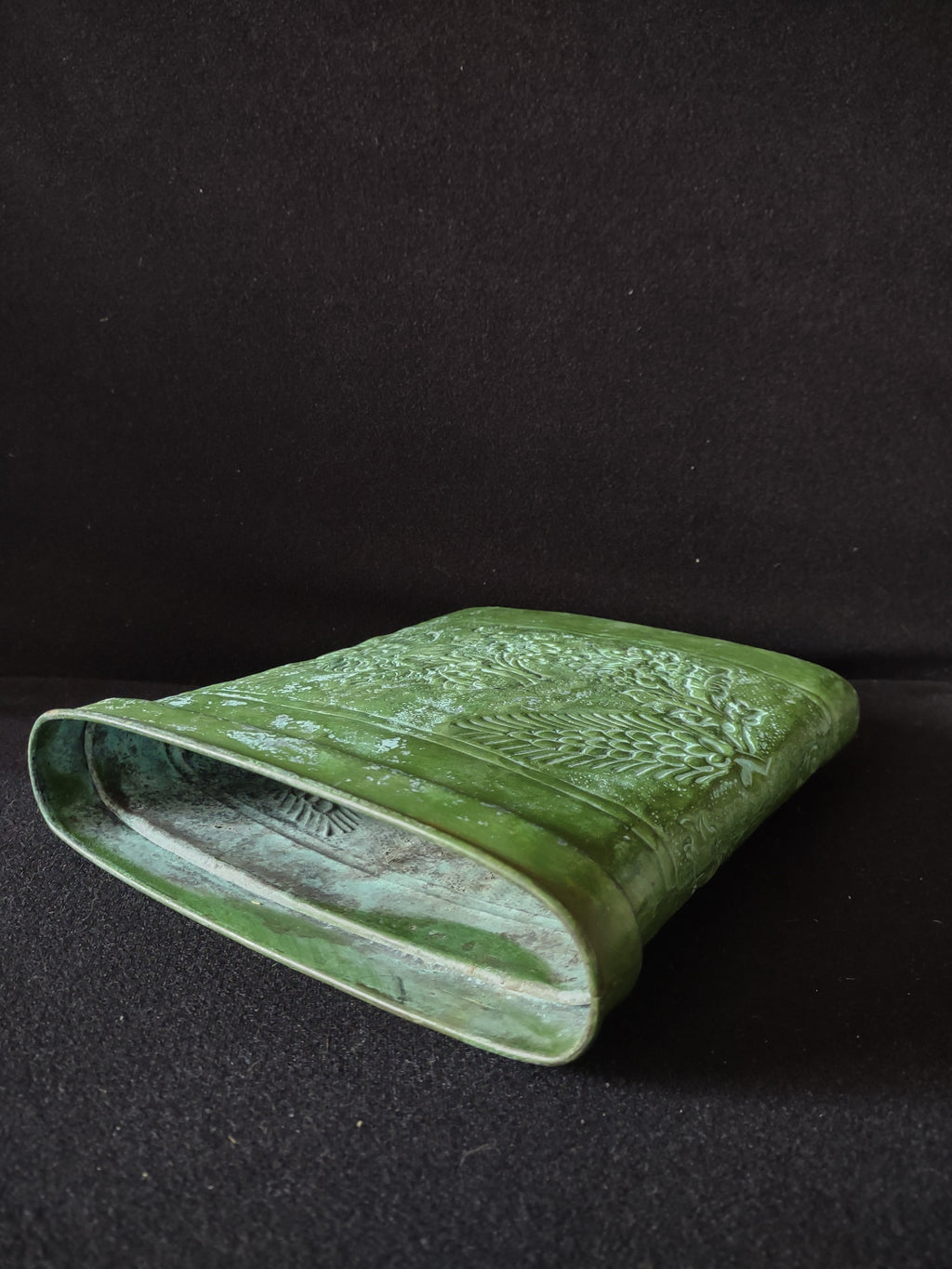 Vintage Rectangular Metal Planter Green Finish Embossed Floral India (Lot 5335)