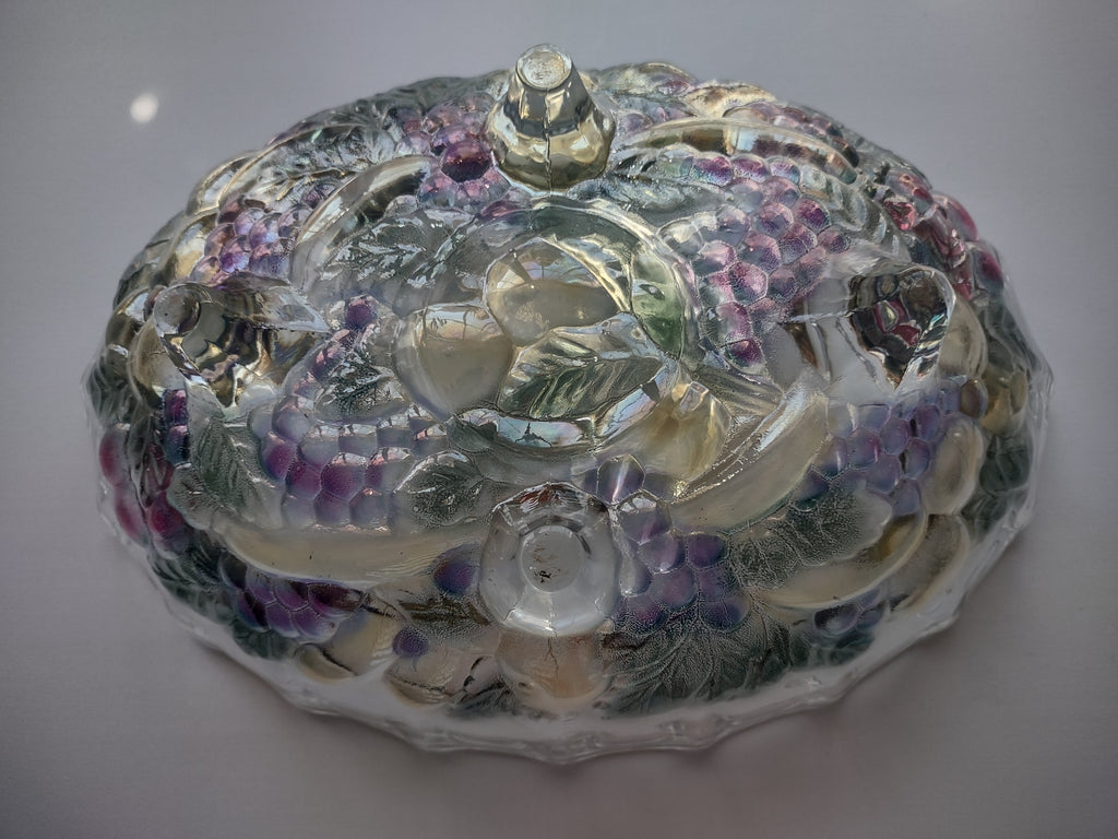 Vintage Indiana Glass Clear Iridescent Grape Design Large Footed Bowl (lot 2690c
