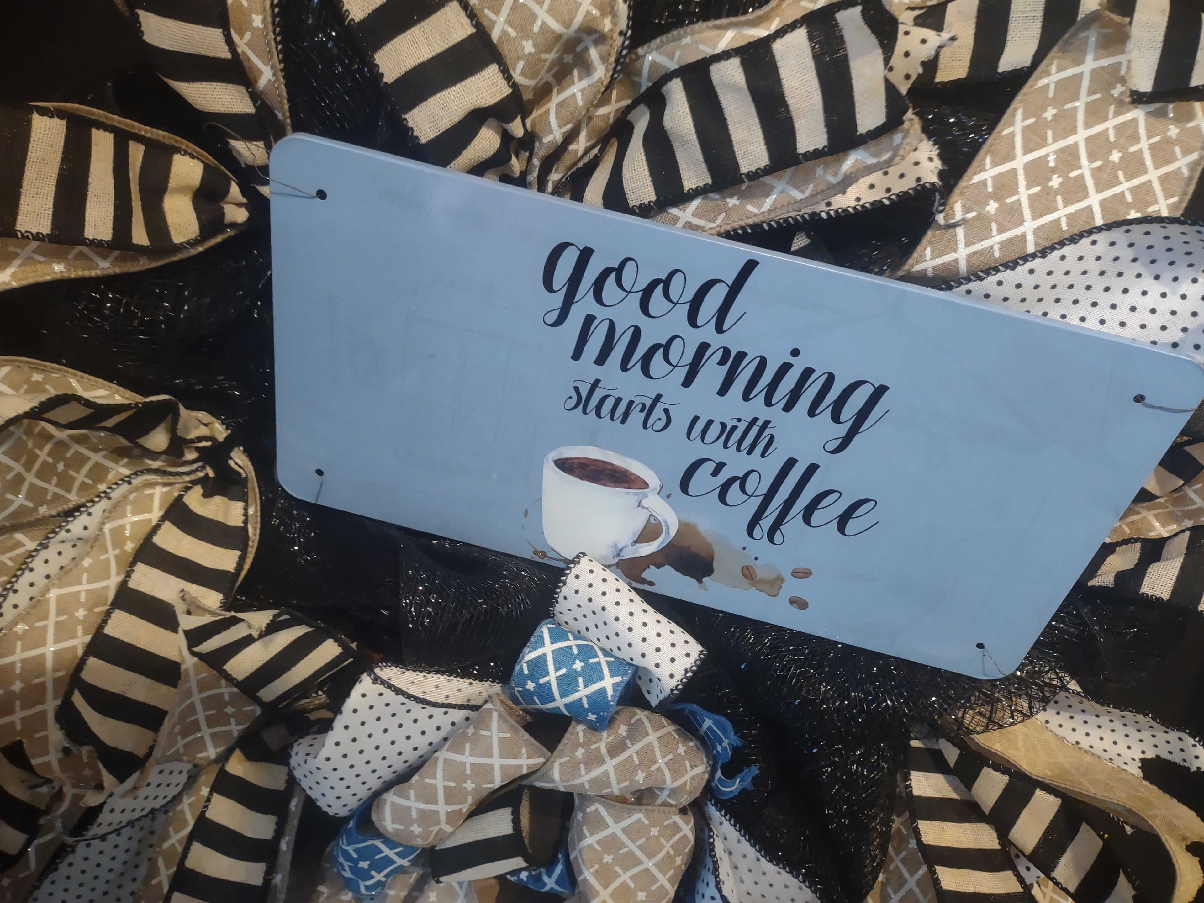 Good Morning Starts with Coffee Wreath Ribbon Mesh Decor Handmade (lot 1408)