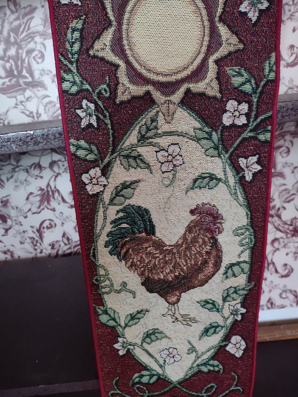 Vintage Rooster Tapestry Fabric Wall Hanging 40" Red Maroon Made USA (lot 3242)