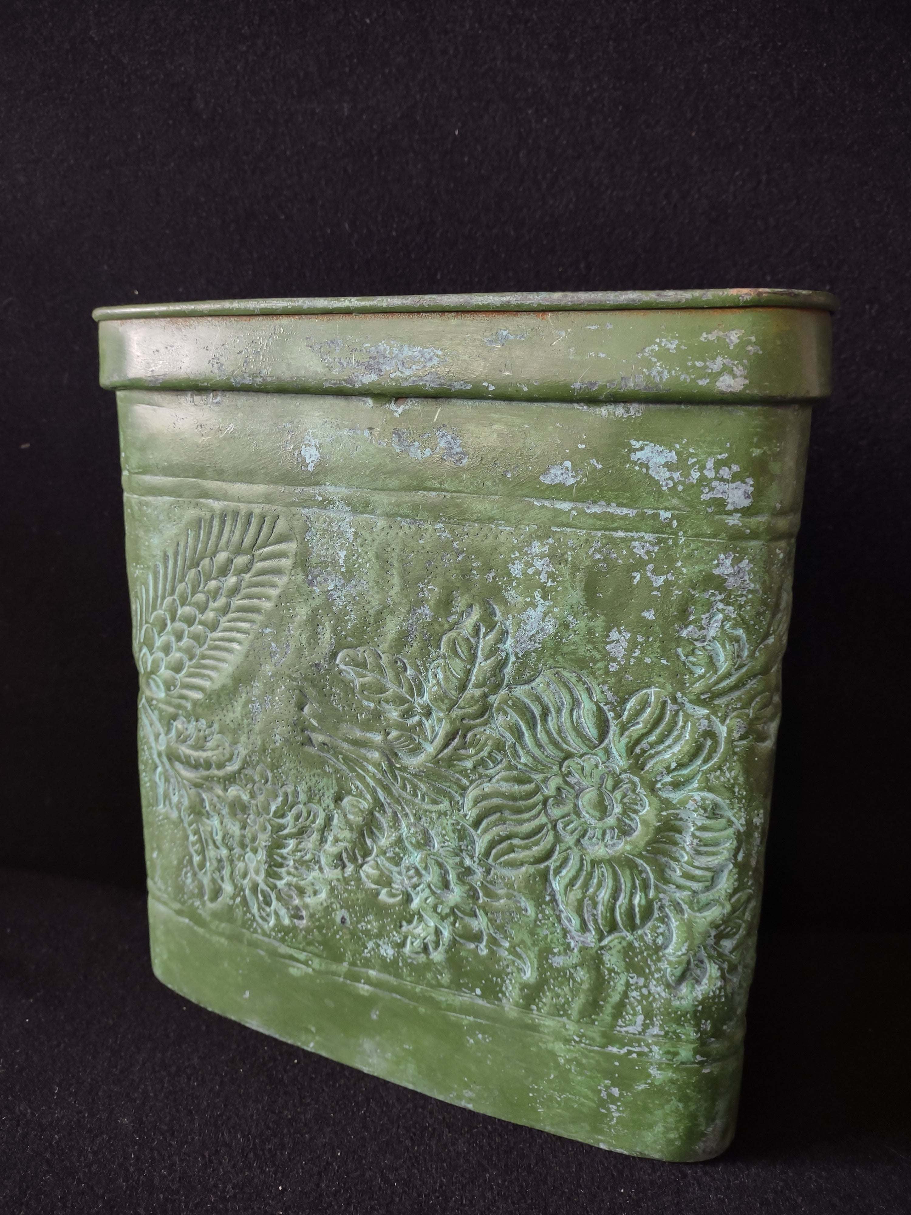 Vintage Rectangular Metal Planter Green Finish Embossed Floral India (Lot 5335)