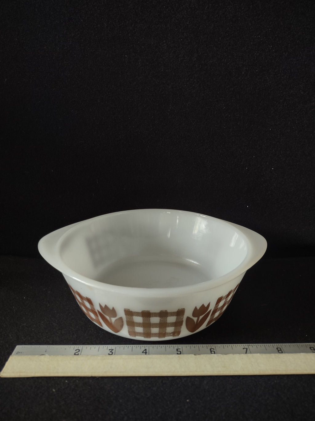 Vintage Glasbake 1 Qt Round Casserole Dish Brown Gingham Tulip (Lot 5240)