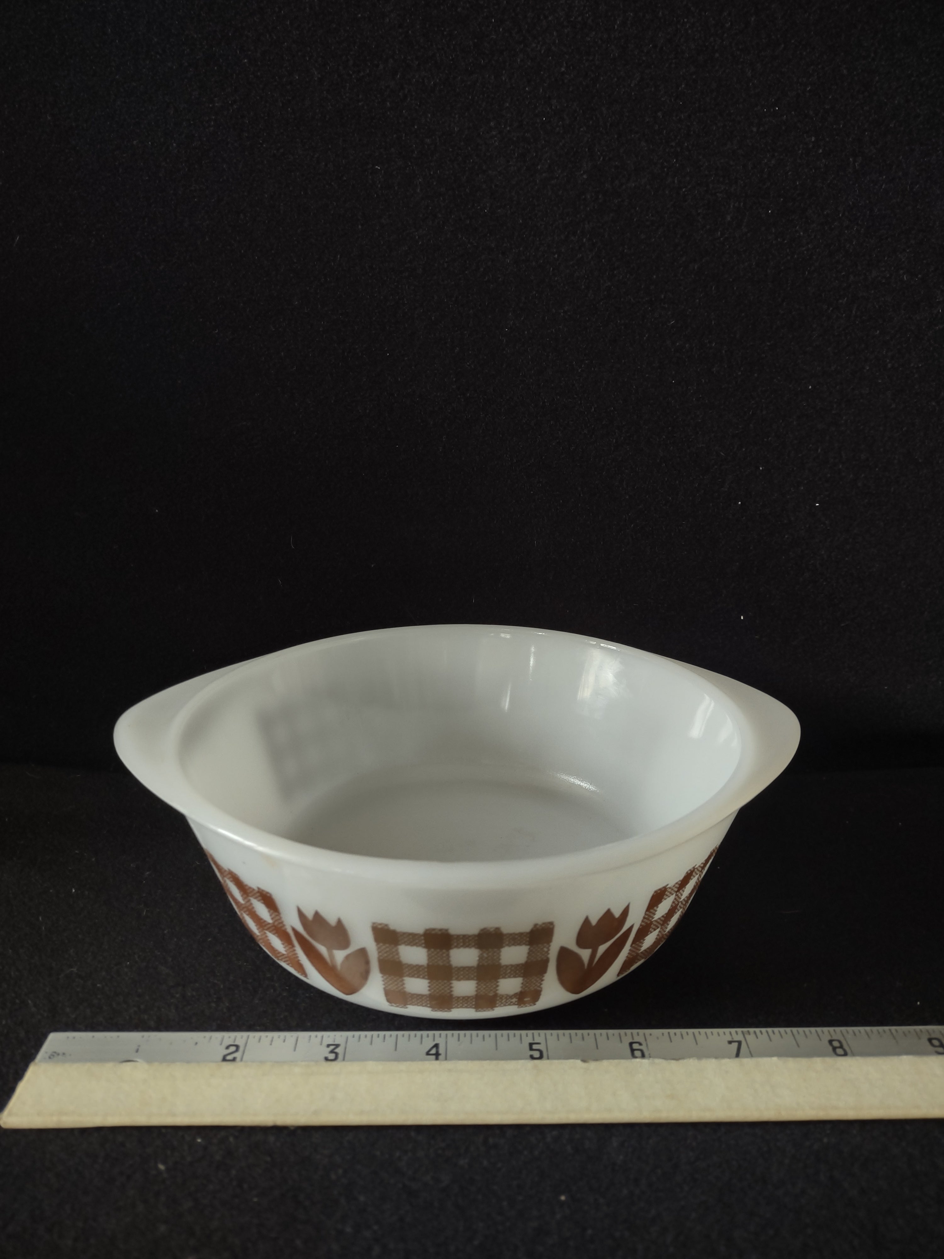Vintage Glasbake 1 Qt Round Casserole Dish Brown Gingham Tulip (Lot 5240)
