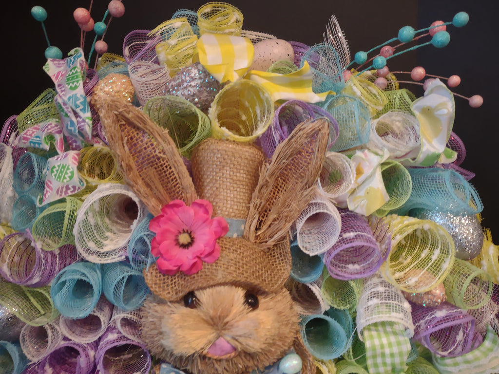Easter Bunny Spring Mesh Ribbon Wreath Handmade 22" (lot 1400)
