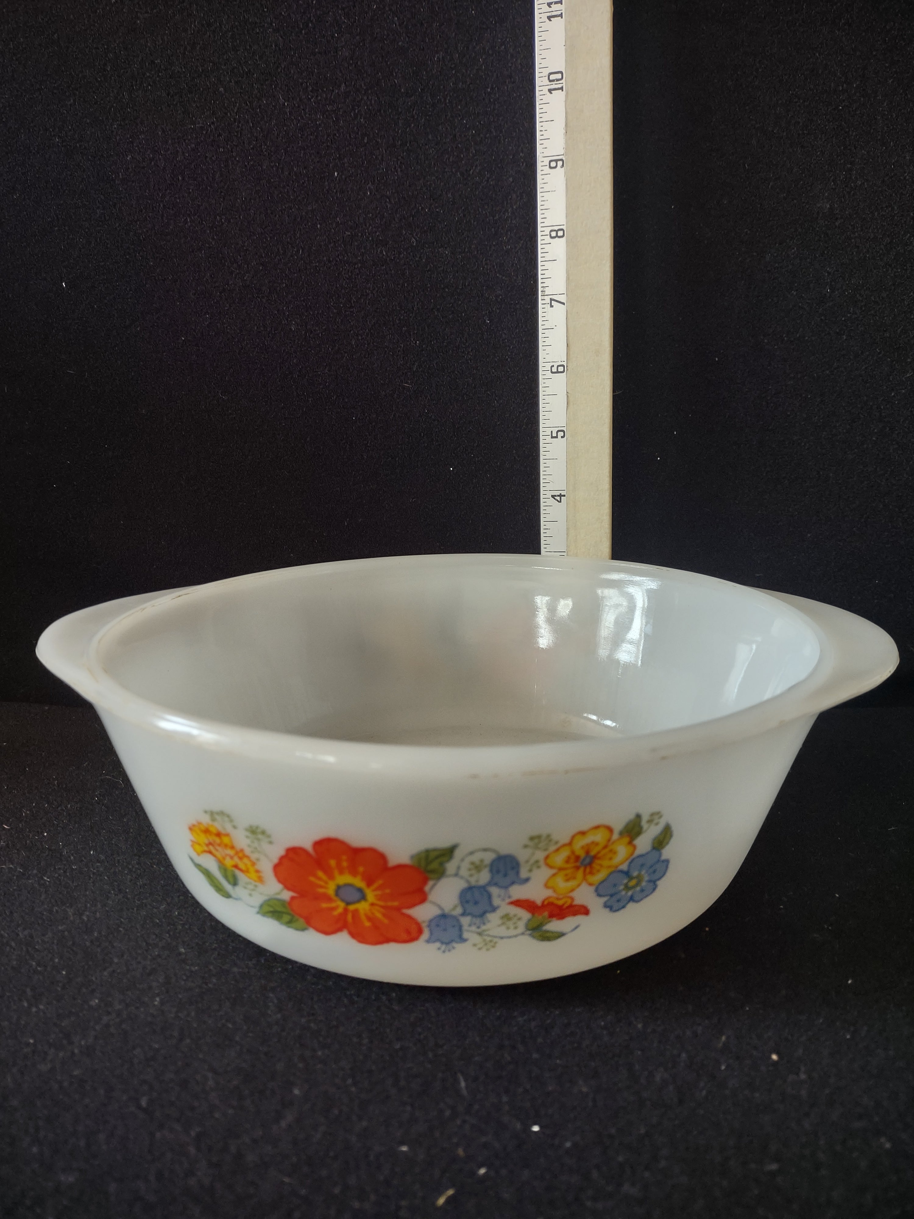 Vintage Glasbake 2 Qt Casserole Orange Bluebell Wildflowers (Lot 5133)