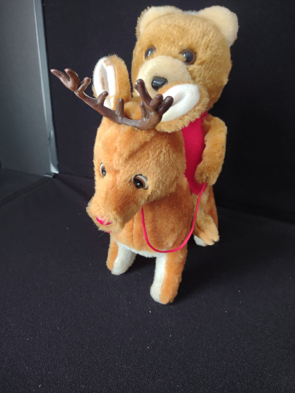 Vintage Christmas Plush Musical Teddy Bear Riding Reindeer Nose Lights Up (lot 2349)