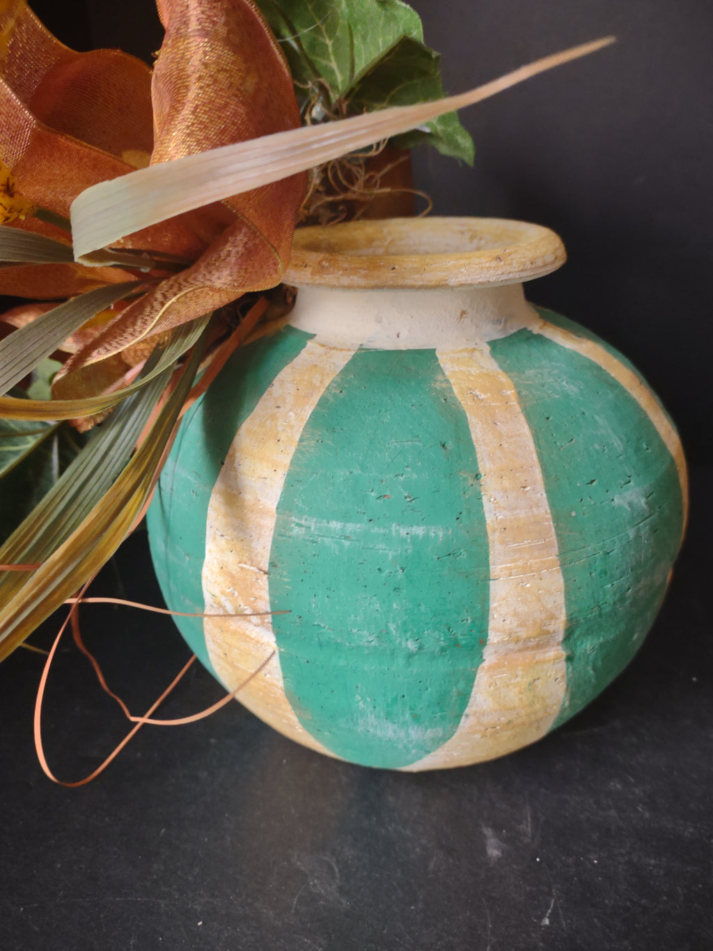 Vintage Primitive Cottage Turquoise Vase Pottery Fall Sunflower 6" (lot 3116)