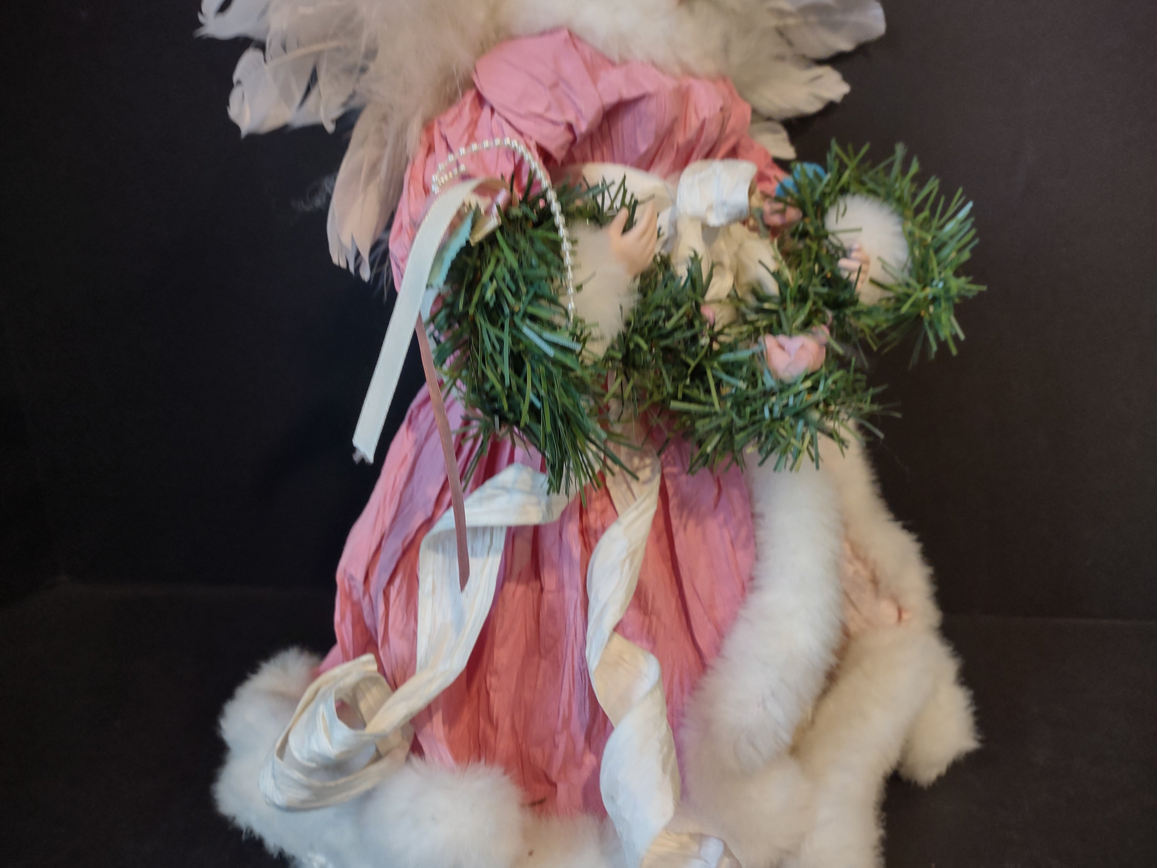 Christmas Angel Tree Topper Pink White 16" Feather Wings (lot 2455)