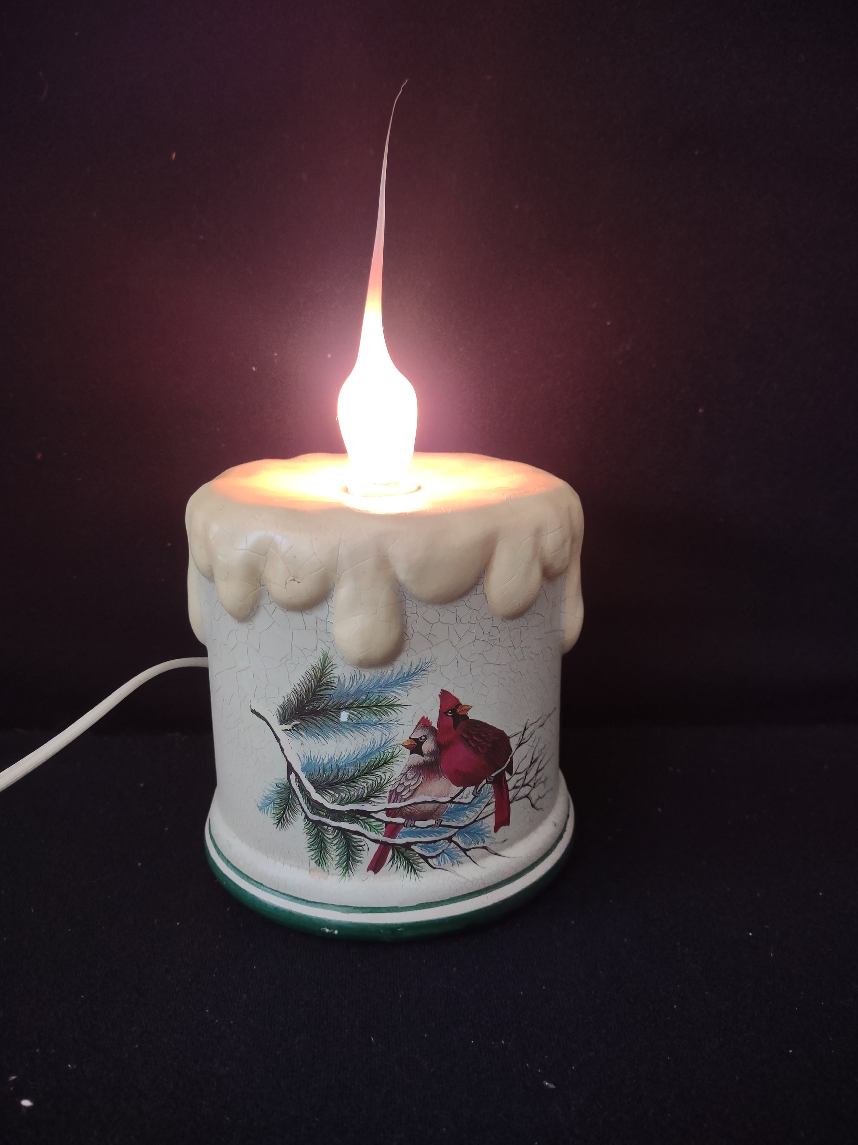 Vintage Christmas Winter Lighted Cardinal Pair Pine Ceramic Candle (Lot 3717)