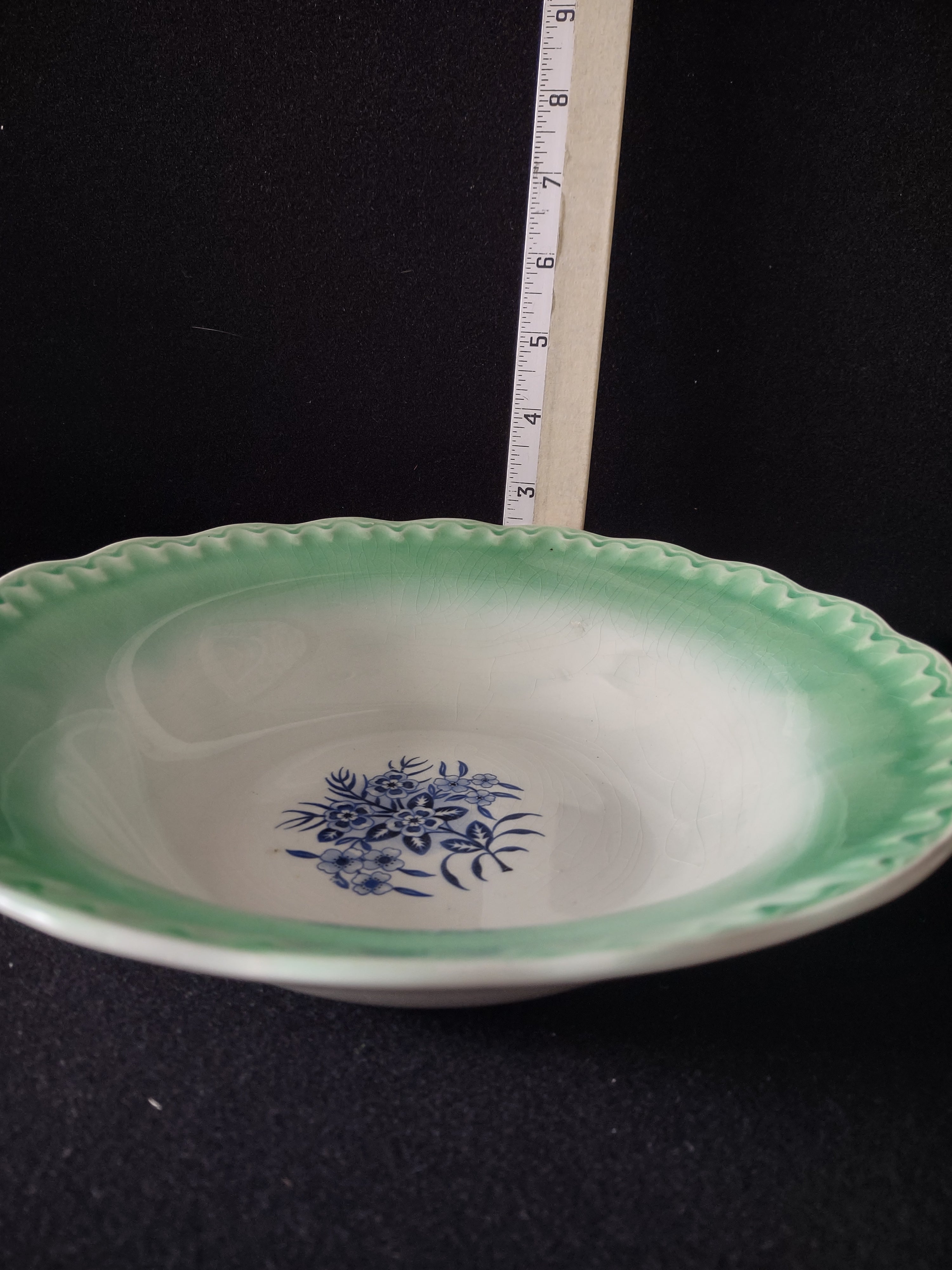 Vintage 9.5" Serving Bowl Scalloped Green Trim Blue Flower Design (Lot 5047)
