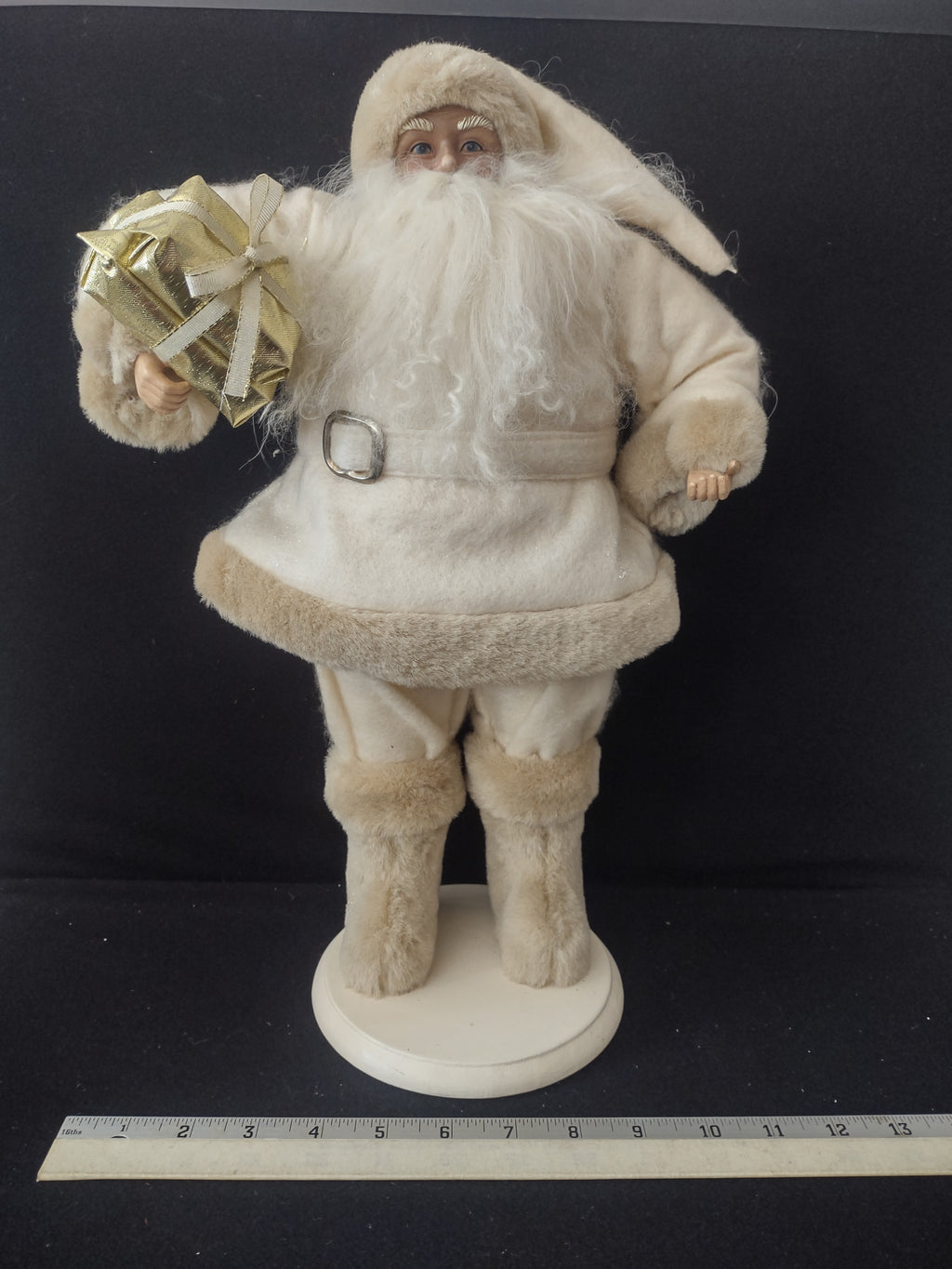 Vintage Christmas Beige Gold Plush Standing Santa Wooden Base (Lot 3593)