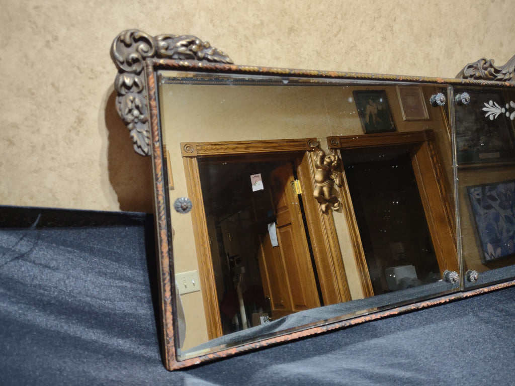 Antique Nurre Mirror Etched 3 Panel Hand-Carved Wood Frame (lot 5032)