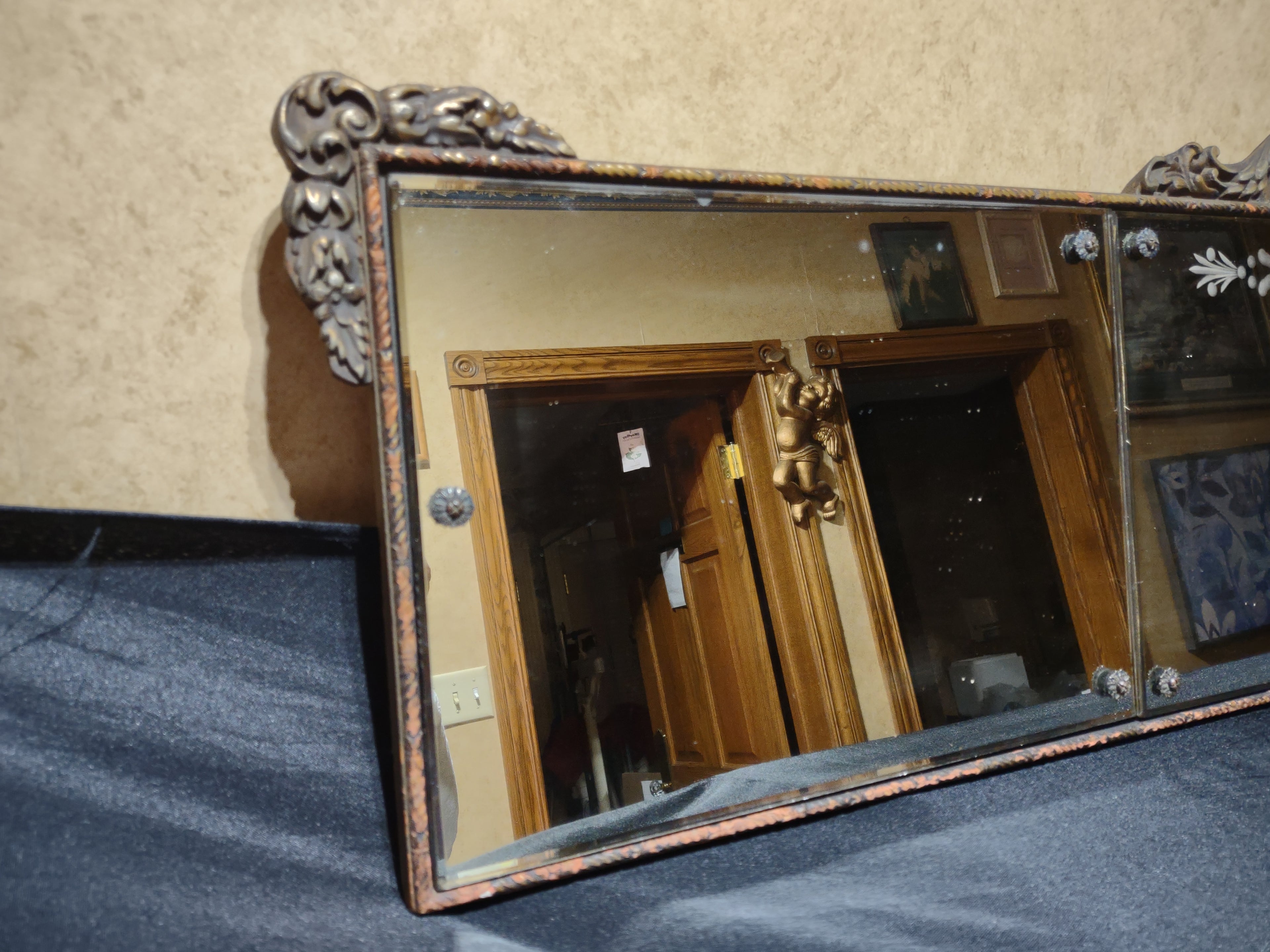 Antique Nurre Mirror Etched 3 Panel Hand-Carved Wood Frame (lot 5032)
