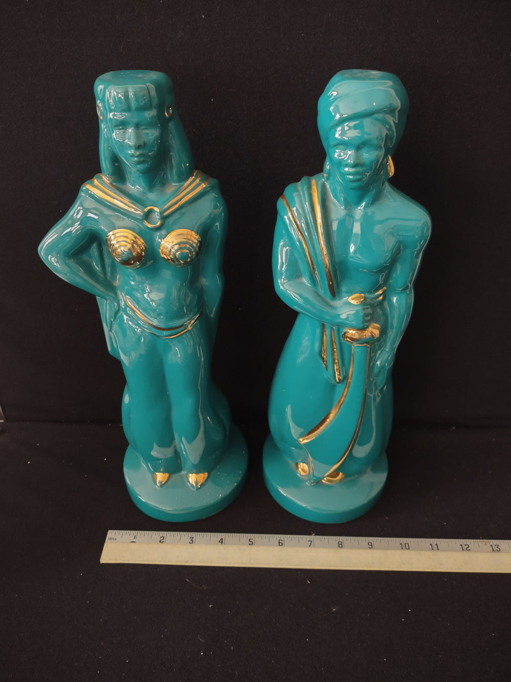 Vintage Ceramic Eastern Style Figurine Man Woman Turquoise Gold Accent (Lot 3737