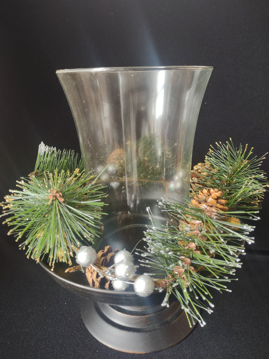 Berries & Pinecones 3 Piece Pedestal Hurricane Christmas Centerpiece (lot 2281)