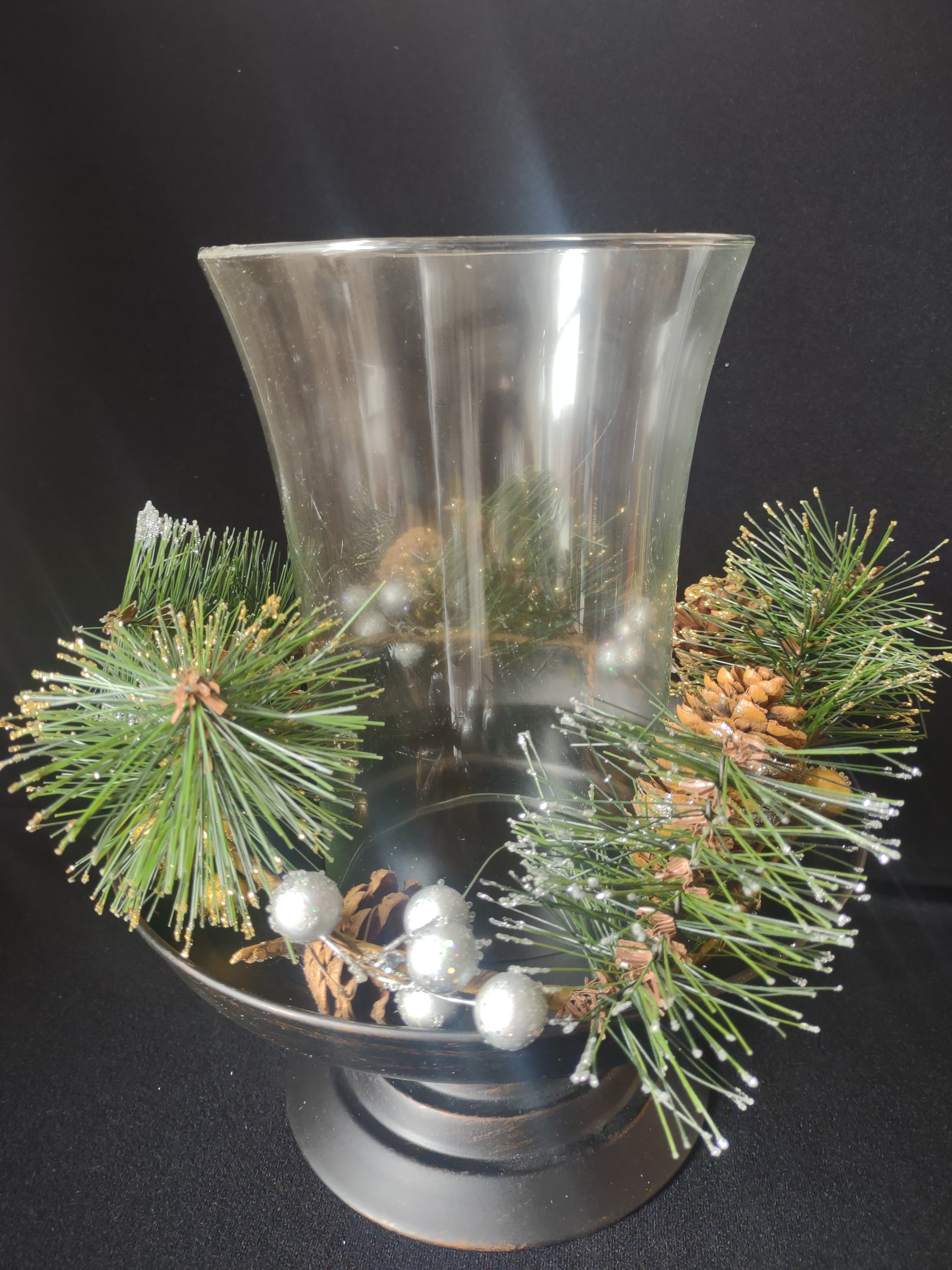 Berries & Pinecones 3 Piece Pedestal Hurricane Christmas Centerpiece (lot 2281)